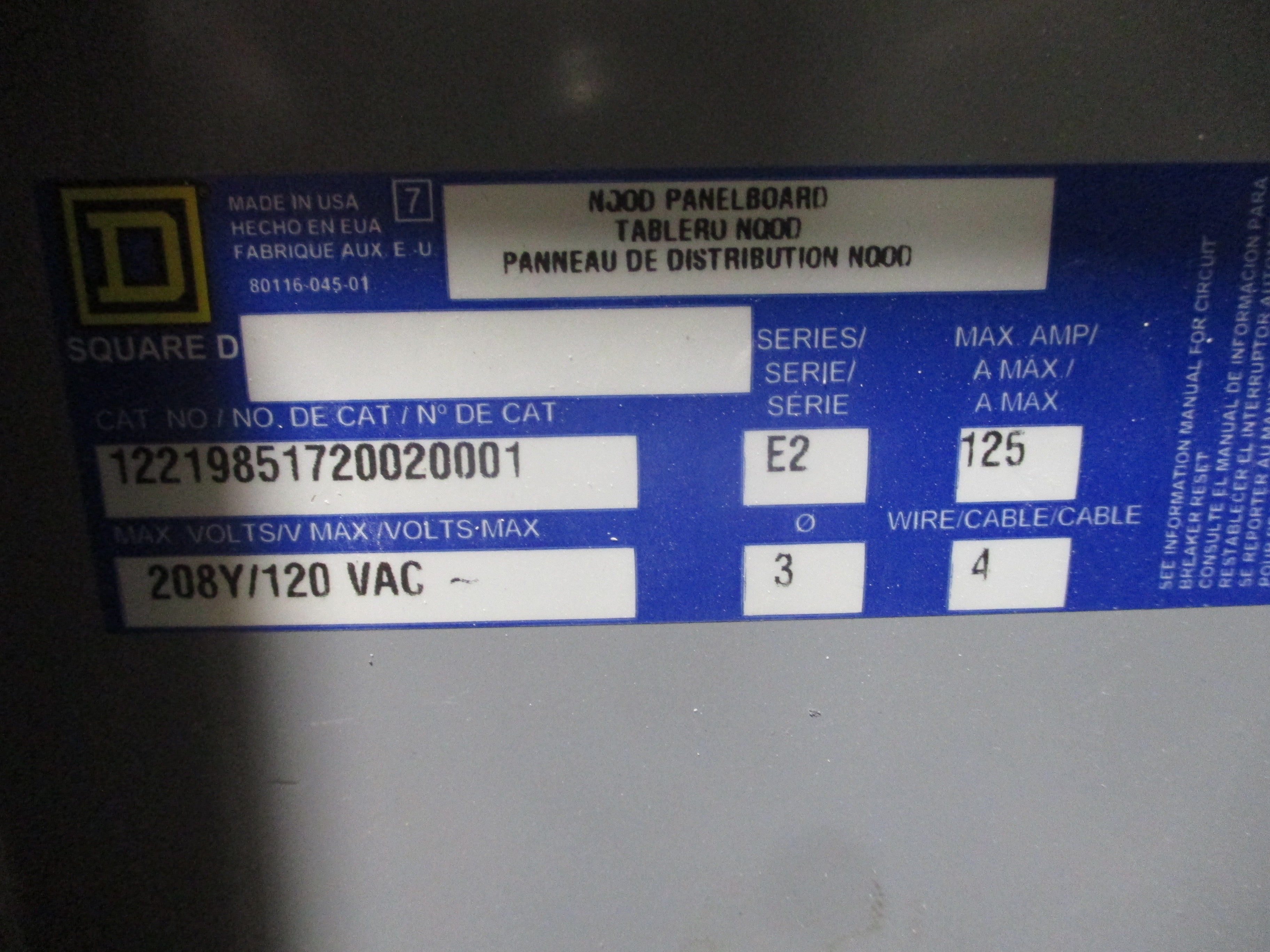 Square D Main Breaker Circuit Breaker Panel 12219851720020001 125A Main 125A Max