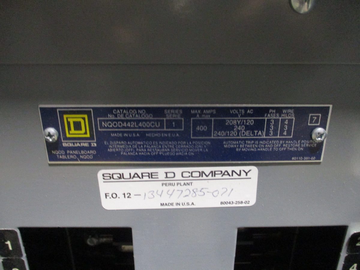 Square D Main Lug Circuit Breaker Panel NQOD442L400CU 208Y/120V 400A Max 3Ph 4W
