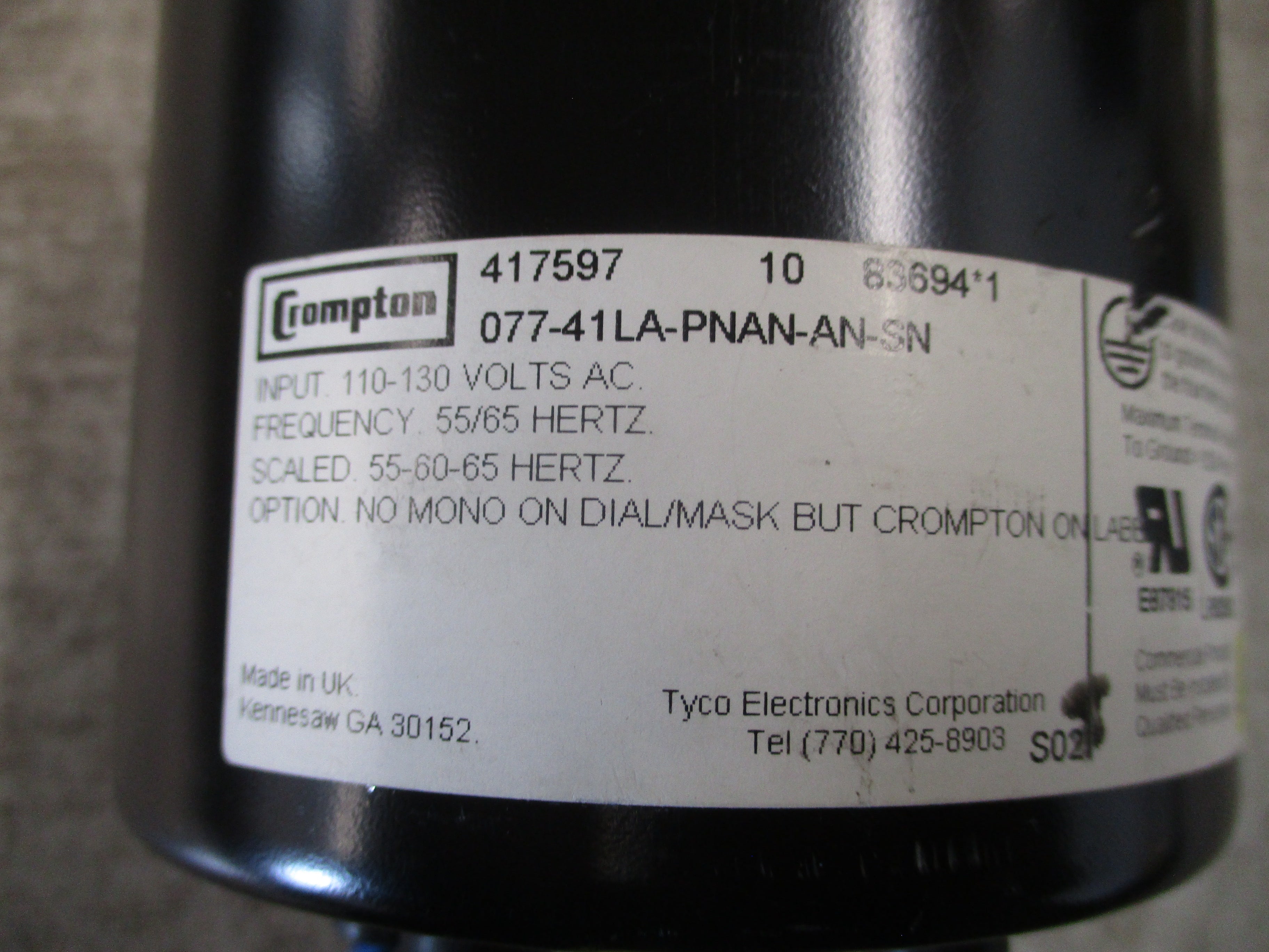 Crompton Frequency Meter 077-41LA-PNAN-AN-SN Range: 55-65HZ 110-130V Used