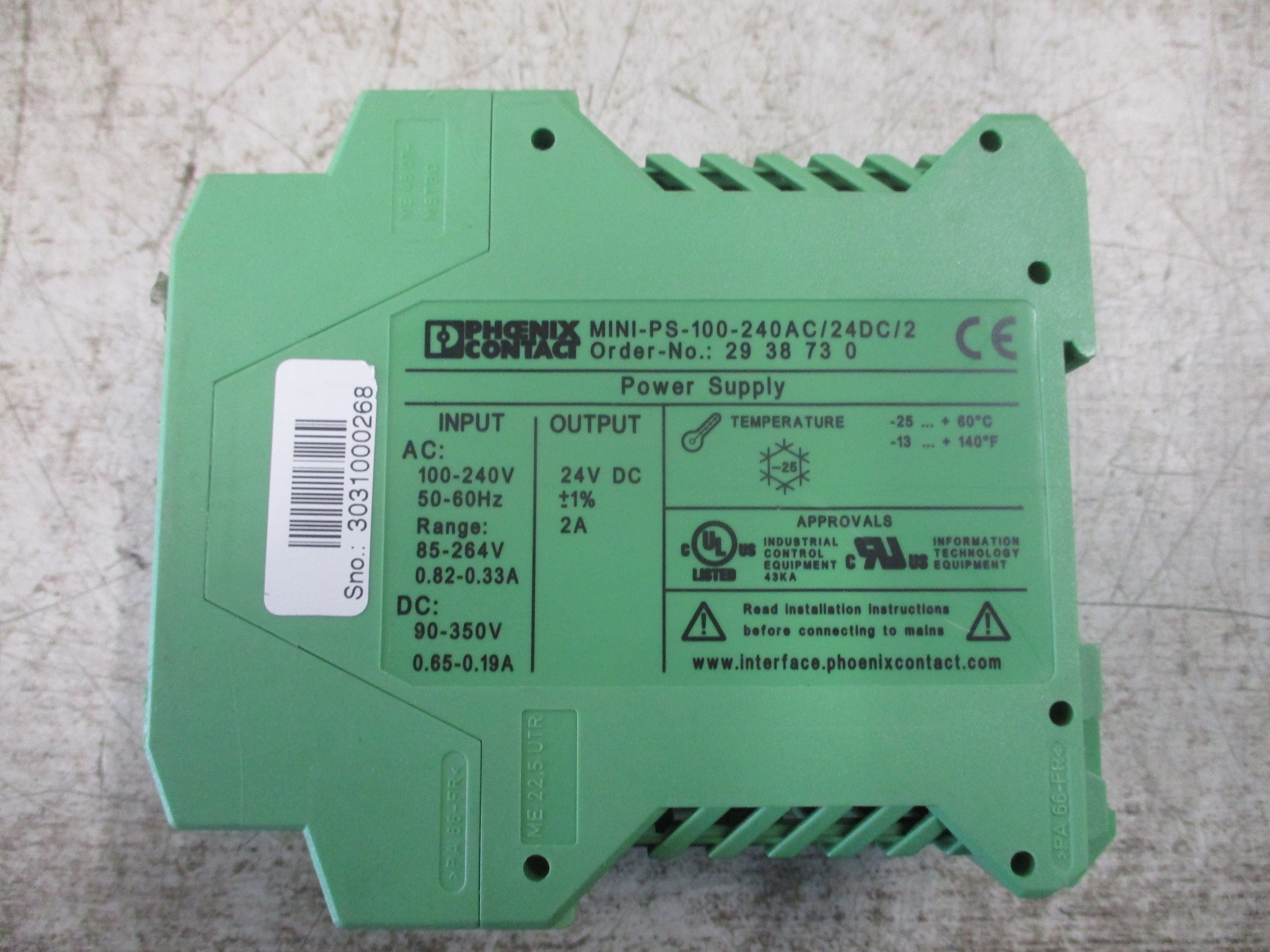 Phoenix Contact Power Supply 2938730 MINI-PS-100-240AC / 24DC / 2