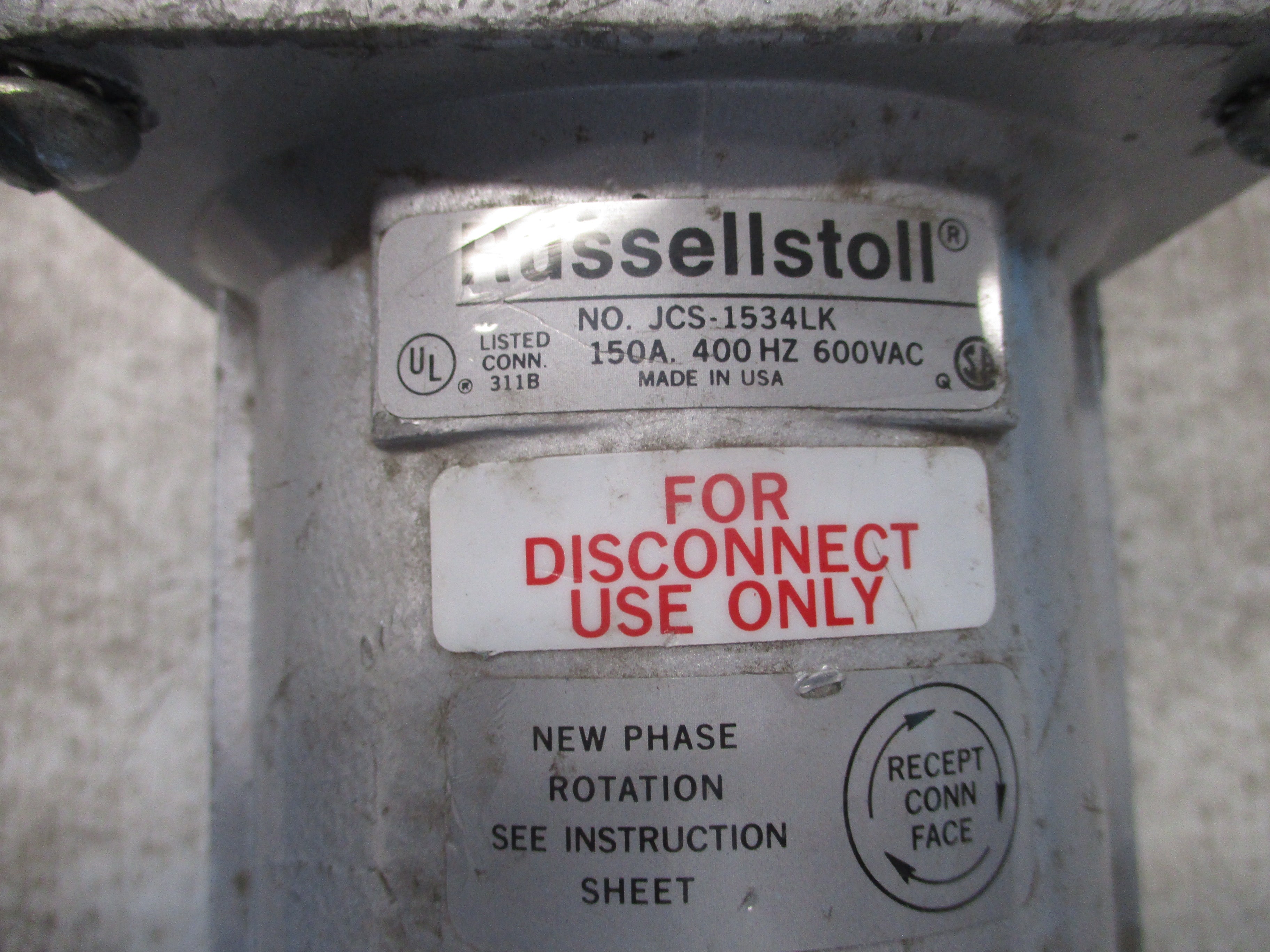 Russellstoll Plug & Connector Set JPS-1534LK/JCS-1534LK 150A 400Hz 600V Used