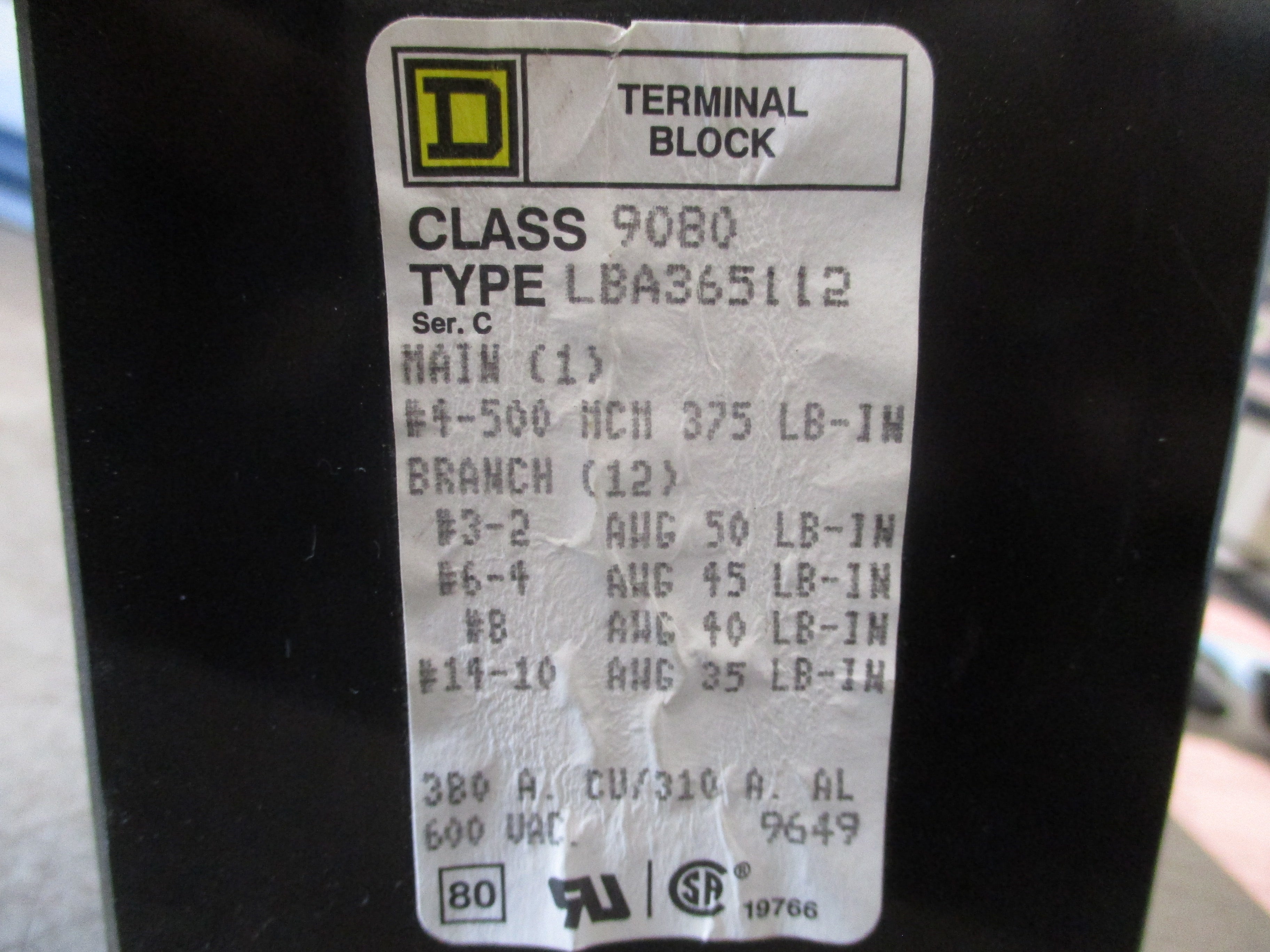 Square D Terminal Block 9080 LBA365112 380A 600V 3P Line (1): #4-500MCM
