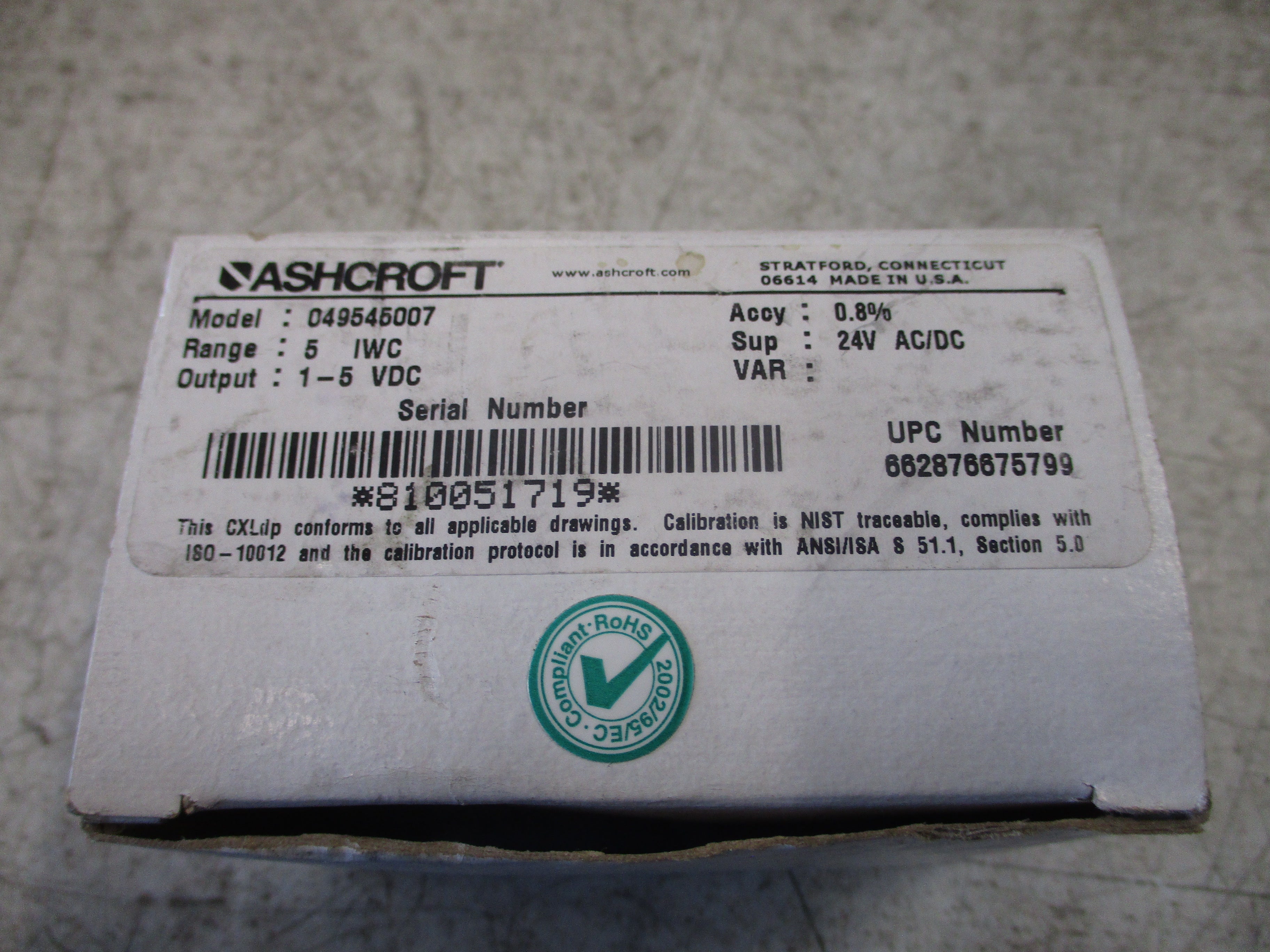 Ashcroft Static Pressure Sensor 049545007 Supply: 24V AC/DC Output: 1-5VDC