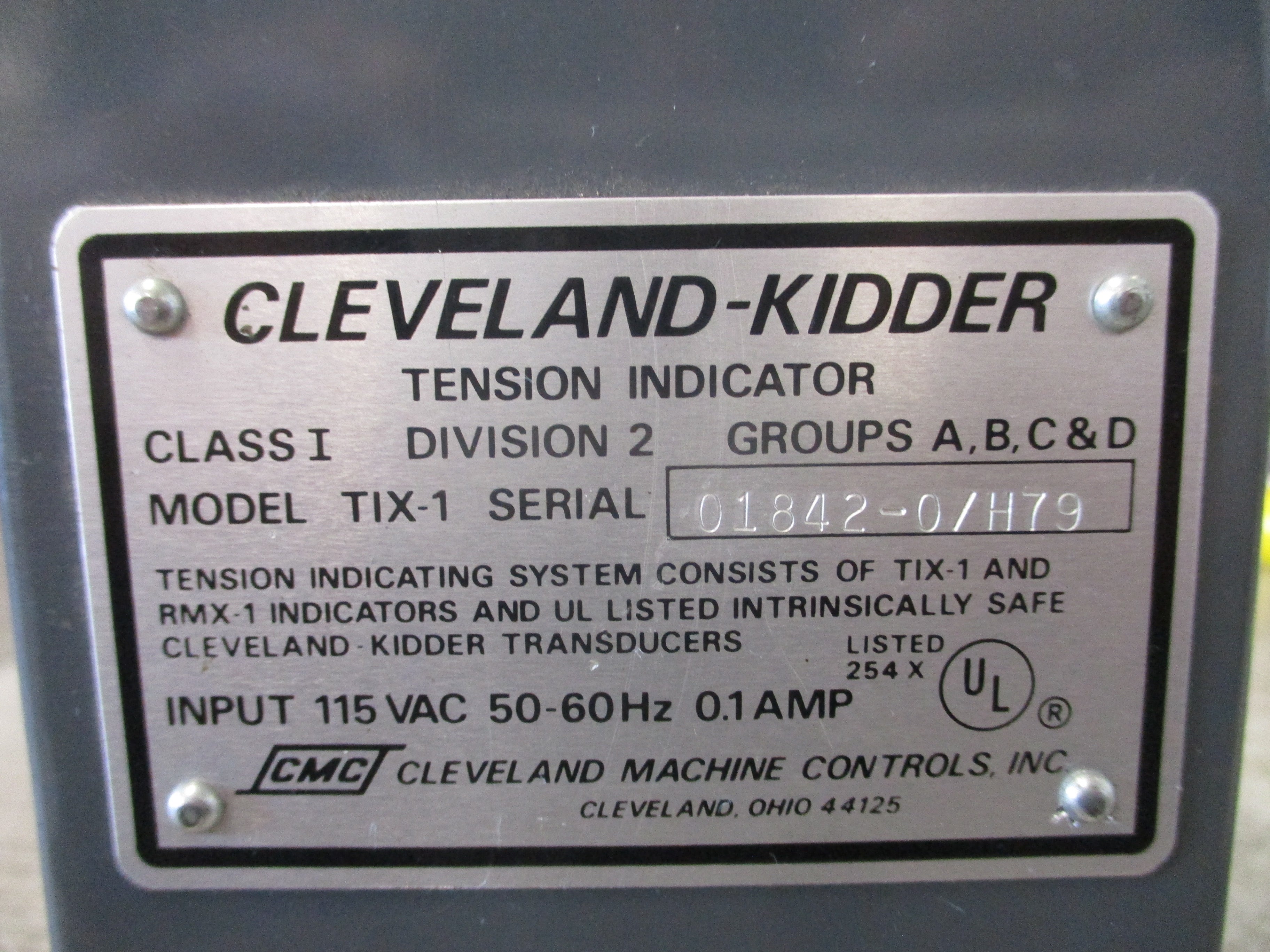 Cleveland-Kidder Tension Indicator TIX-1 115V 50-60Hz 0.1A *No Cover Screws*