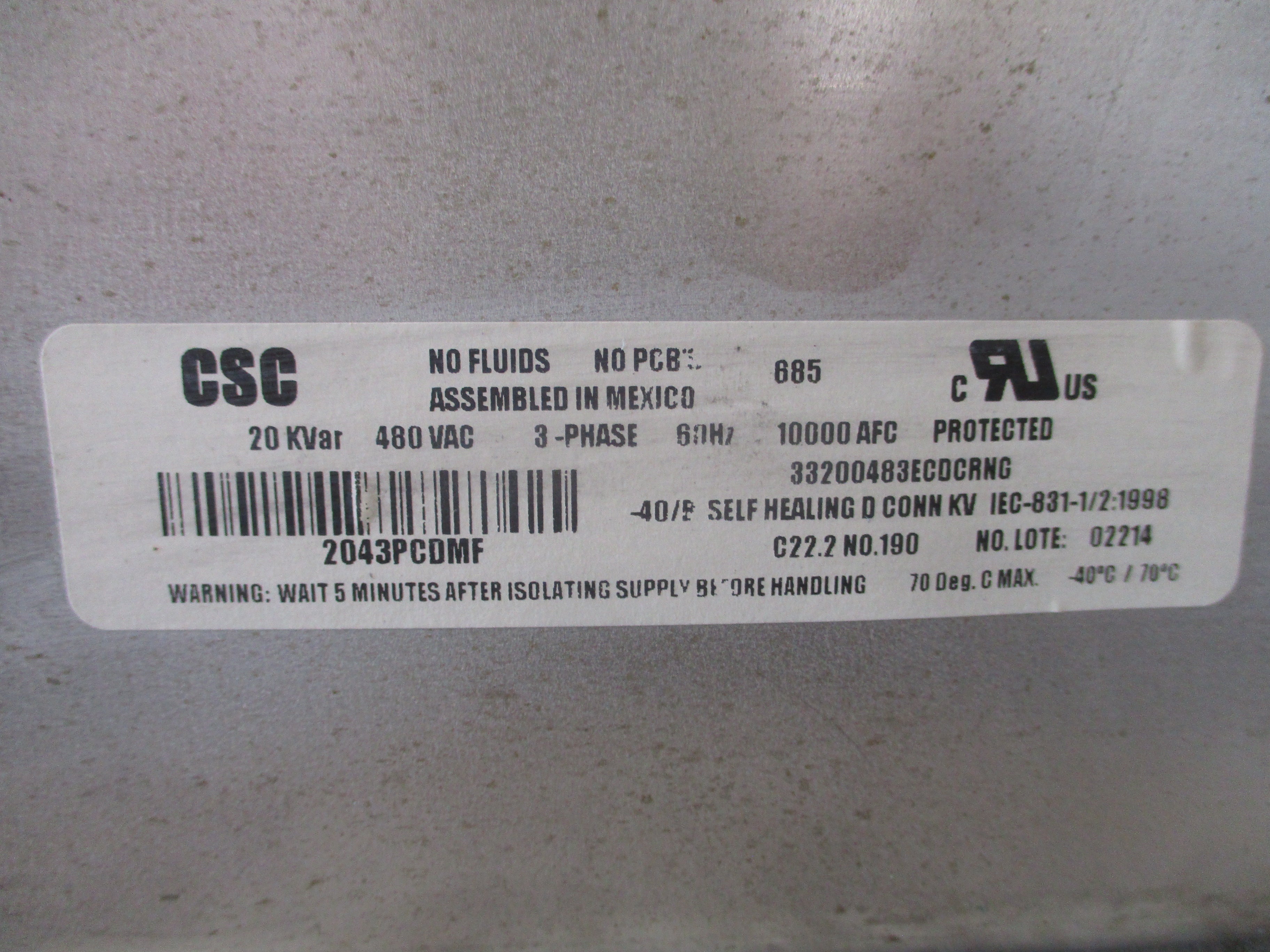 CSC Capacitor 2043PCDMF 20 KVar 480V 3Ph 60Hz Used
