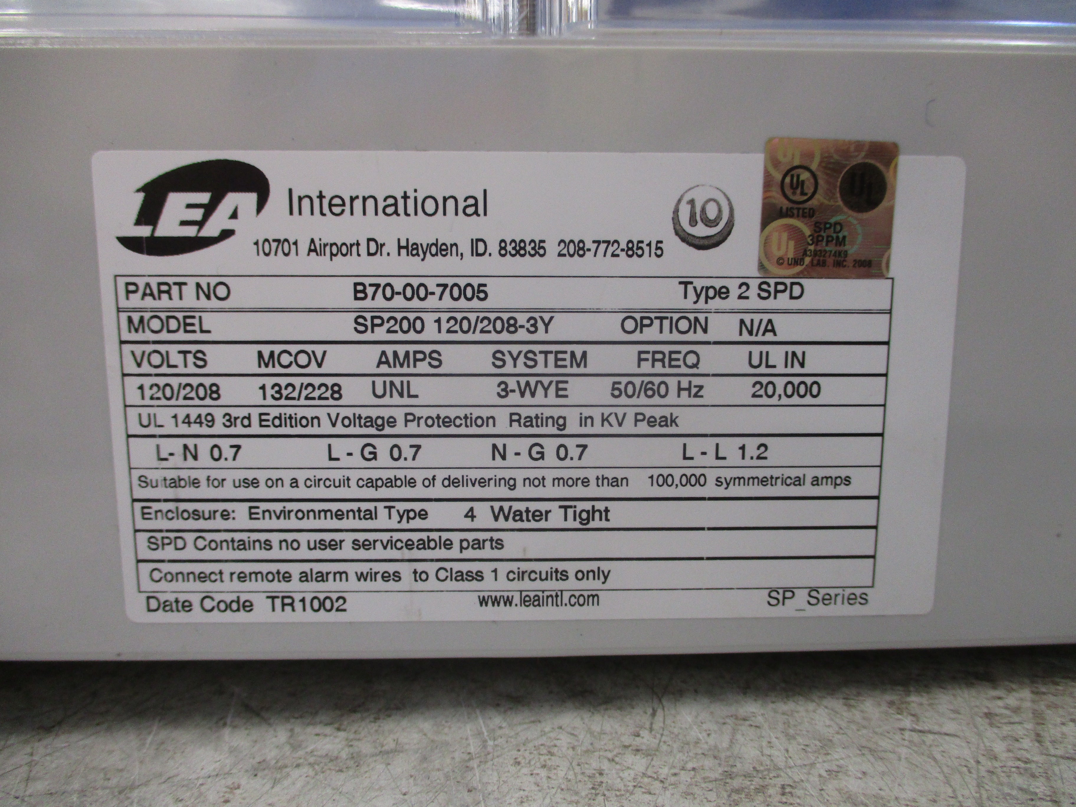 Lea International SP200 120/208-3Y Surge Protector B70-00-7005 120/208V 50/60Hz