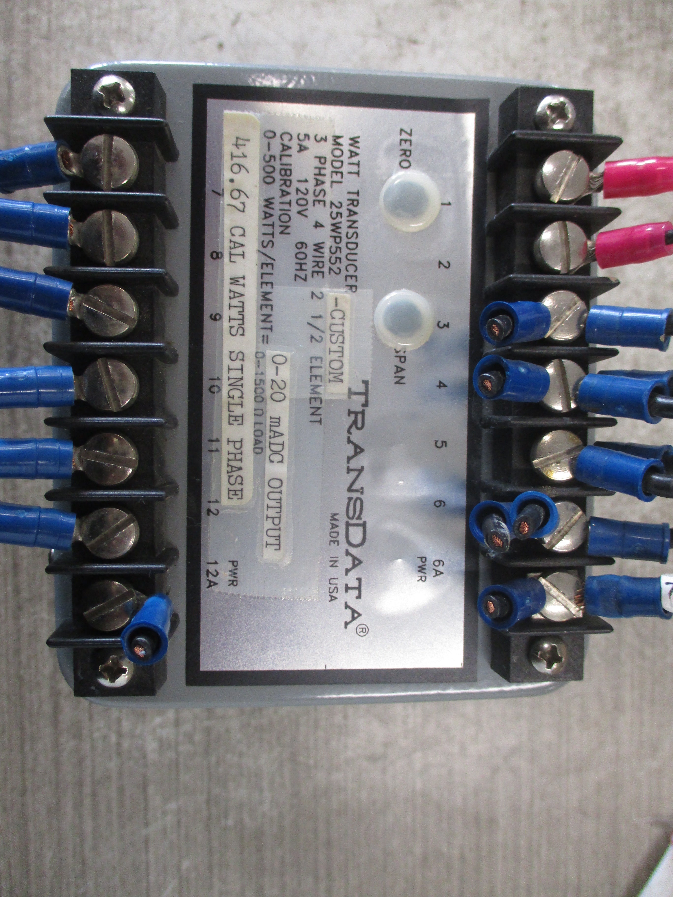 TRANSDATA Watt Transducer 25WP552-CUSTOM 120V 60Hz 5A 3Ph 4W 2 1/2 Element