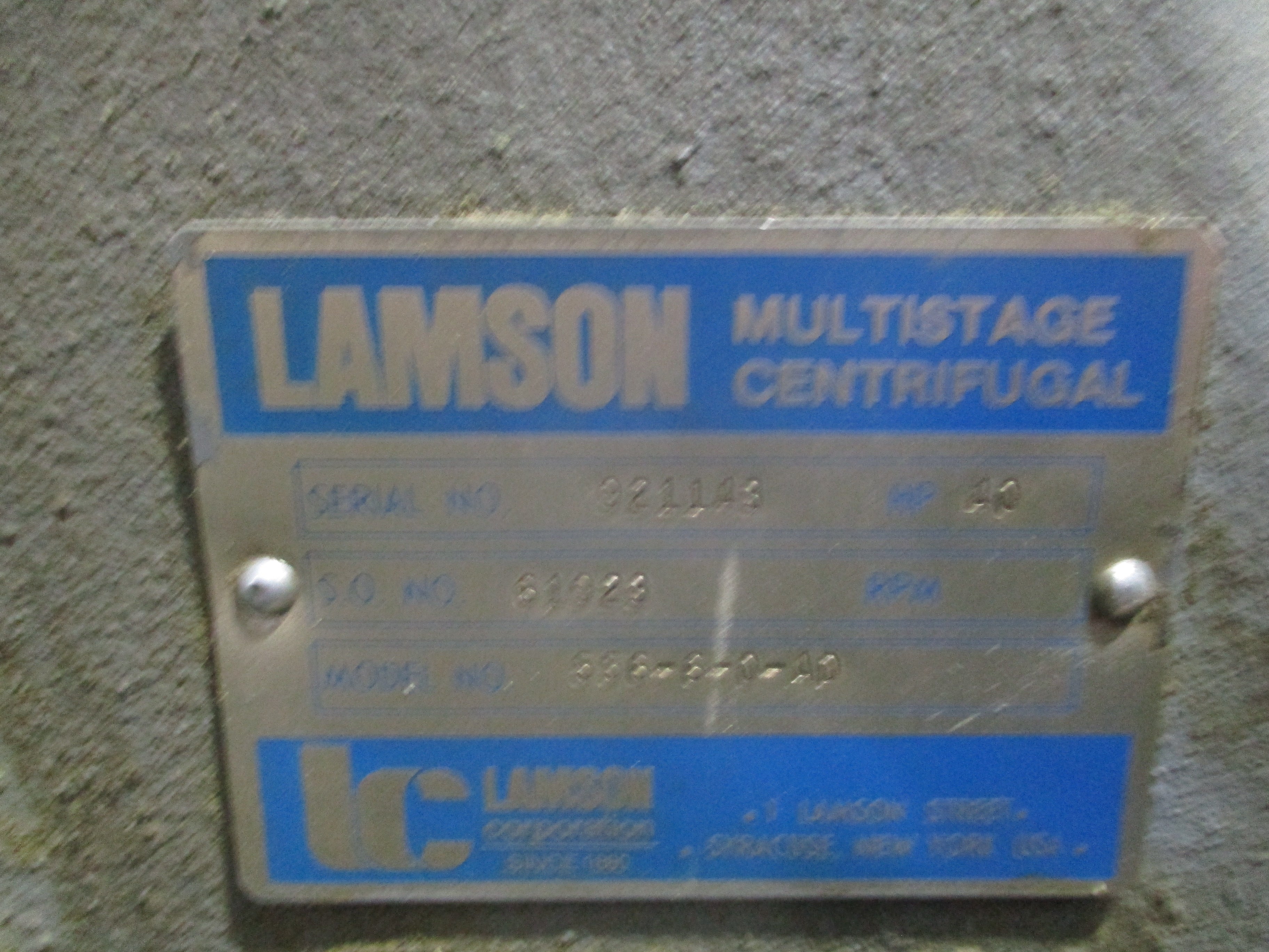 Lamson Multistage Centrifugal Blower 556-6-0-AD 40HP 270-1900 CFM Used