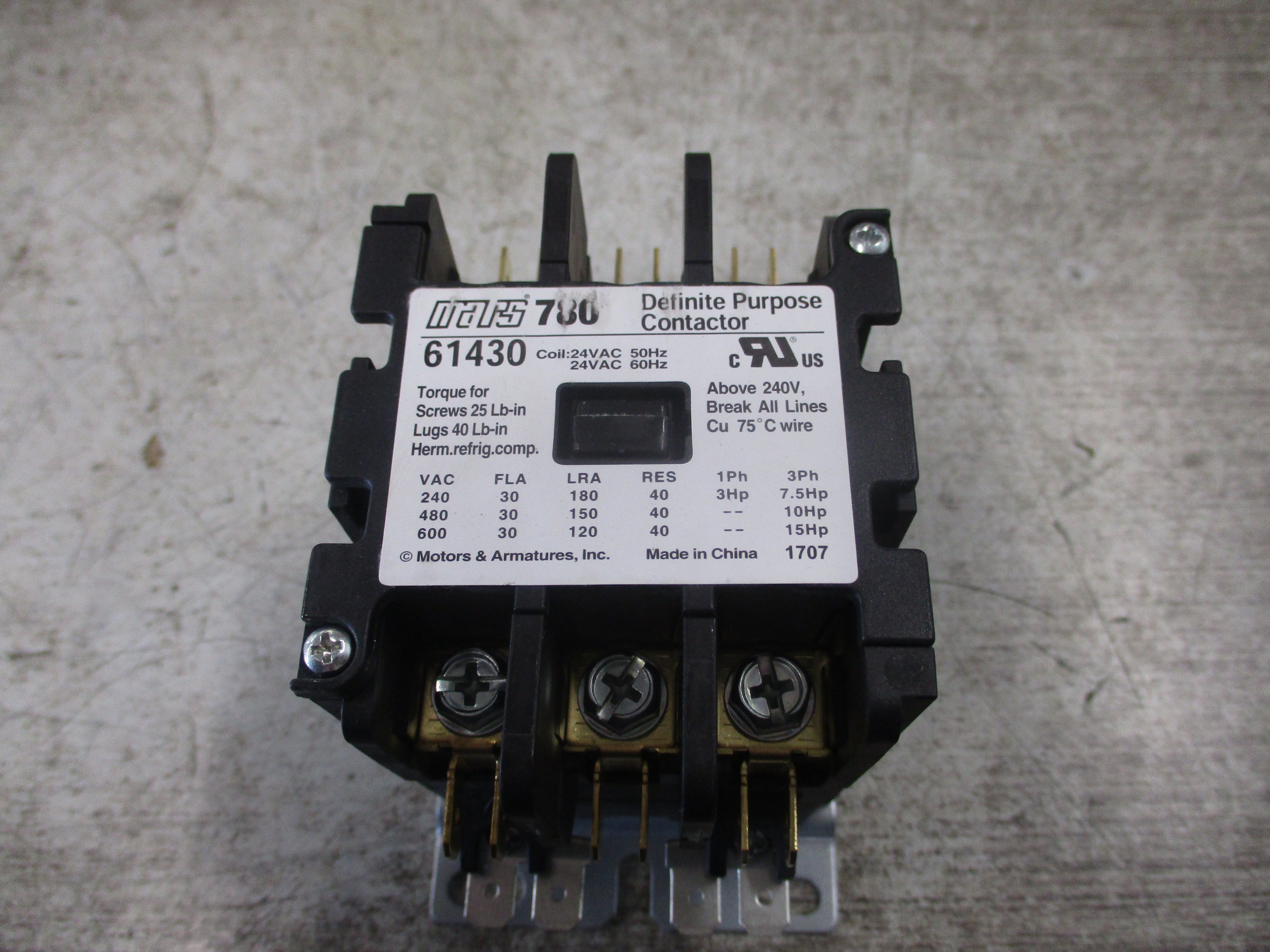 Mars 780 Definite Purpose Contactor 61430 24V Coil 30A 3P New Surplus