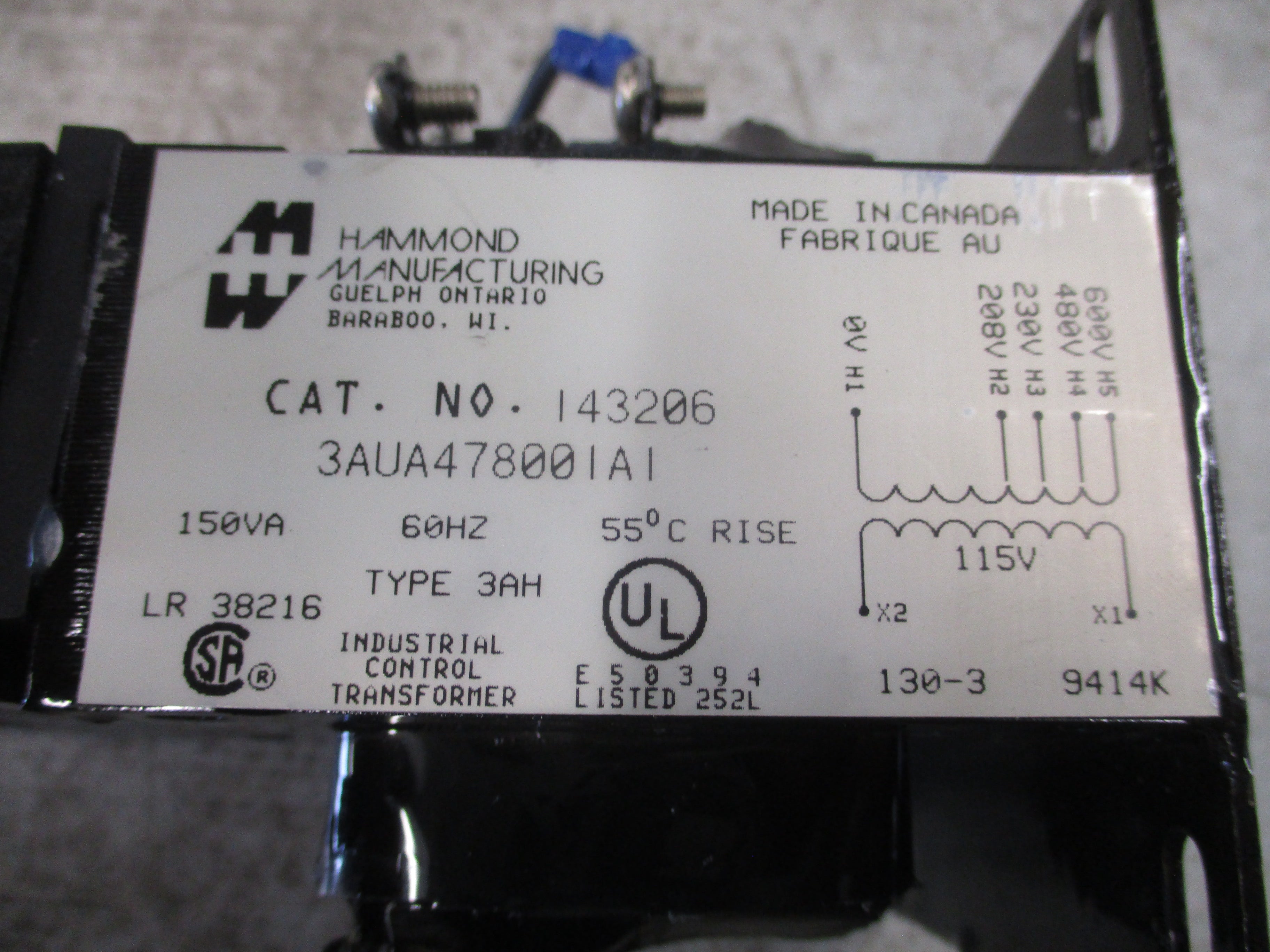 Hammond Control Transformer 143206 3AUA478001A1 150VA Pri: 208/230/480/600V