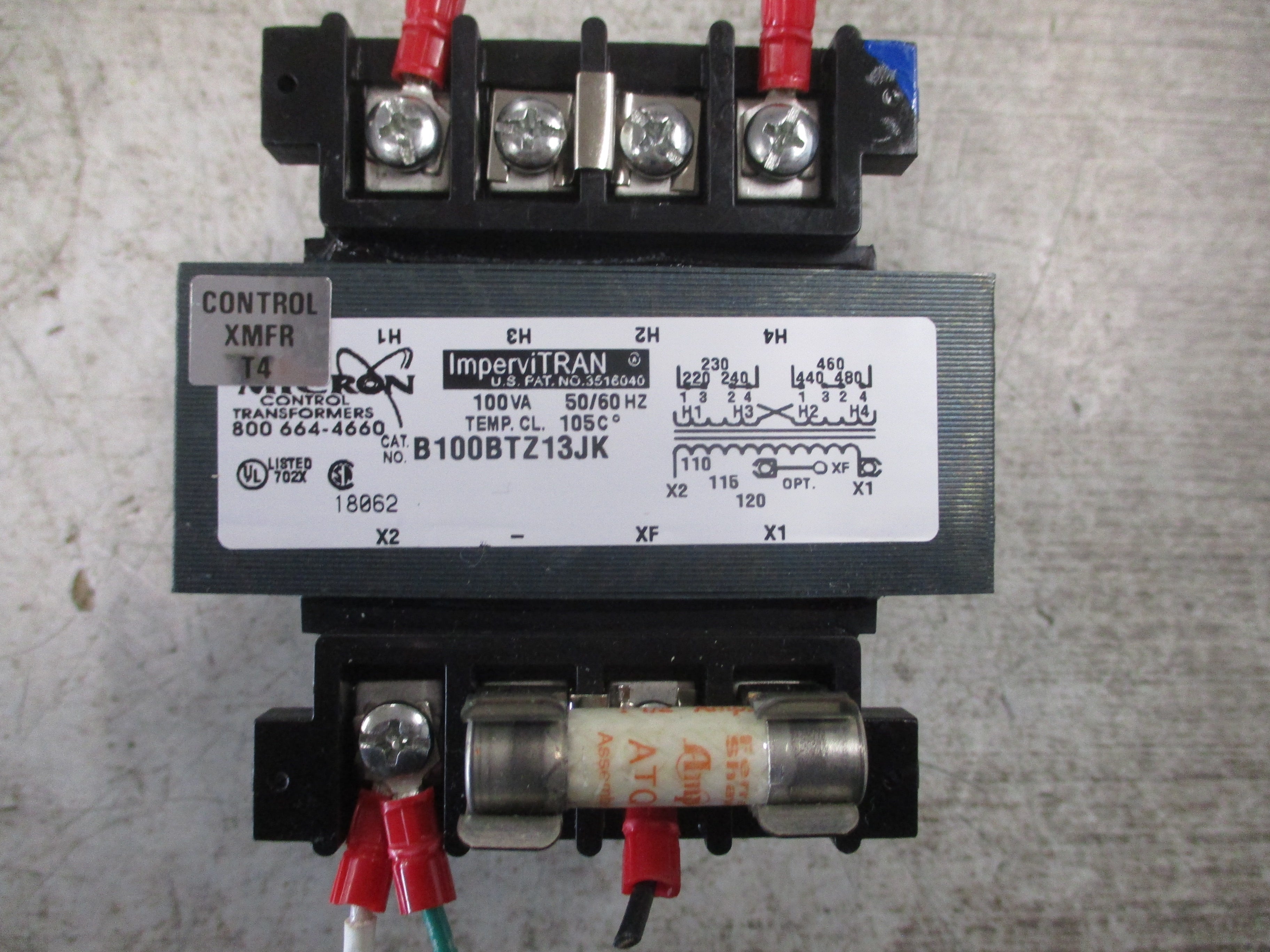 Micron ImperviTRAN Control Transformer B100BTZ13JK 100VA Pri: 240/480V Sec: 120V