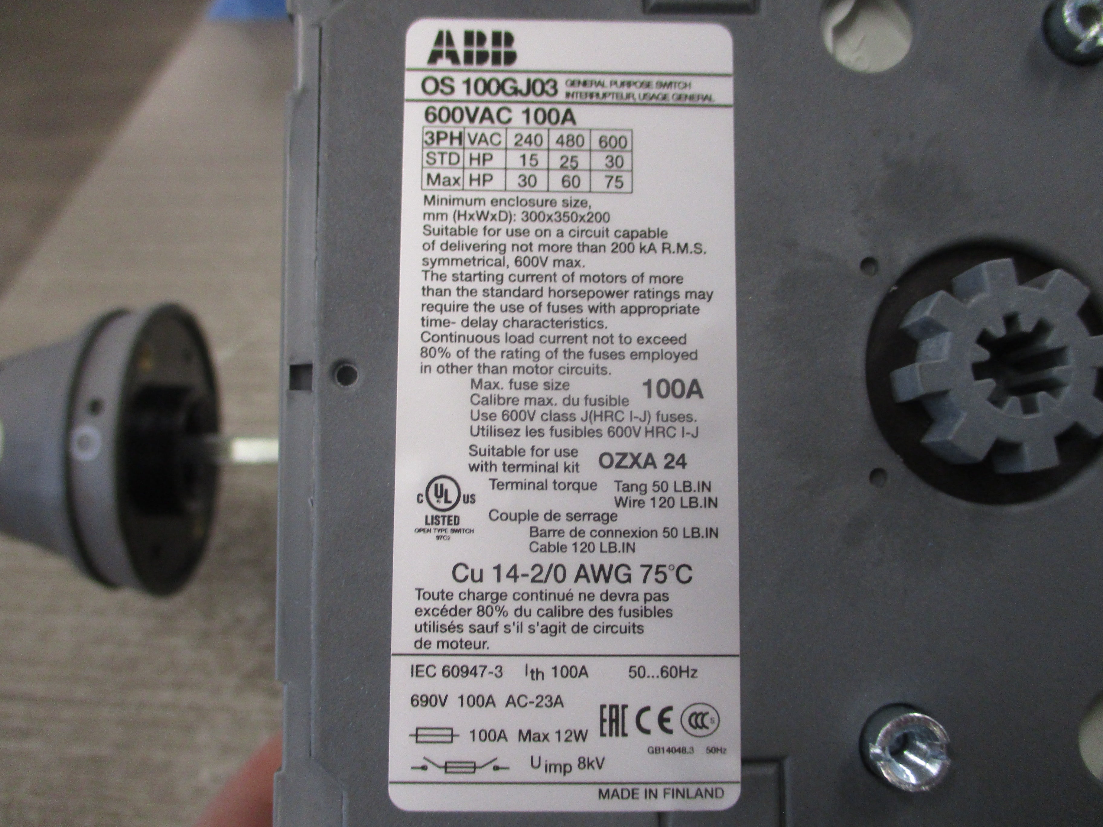 ABB Fusible Disconnect Switch OS100GJ03 100A 600V 3P (3) 80A Fuses Used