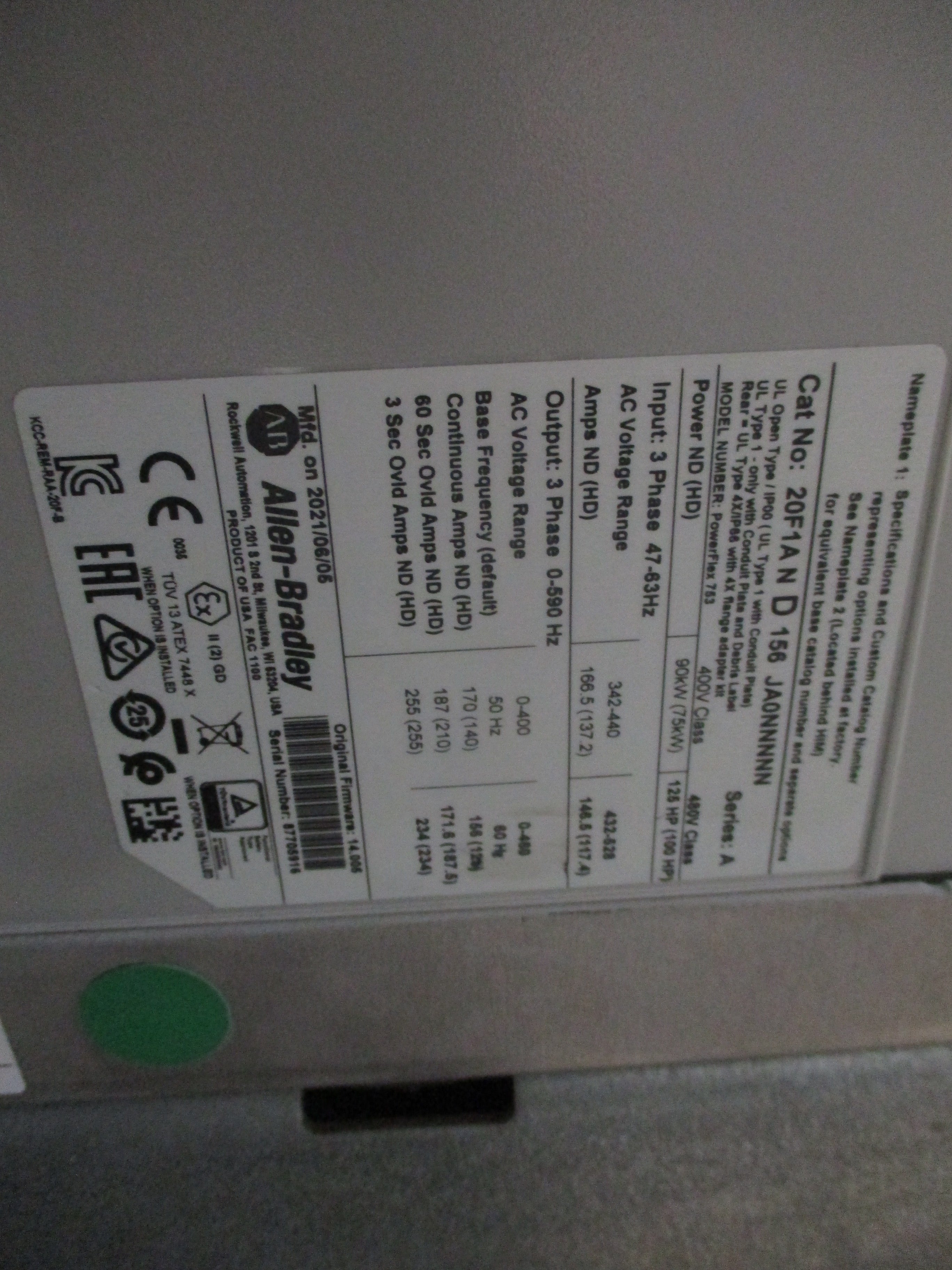 Allen-Bradley PowerFlex 753 AC Drive 20F1AND156AJ0NNNNN 125HP 3Ph