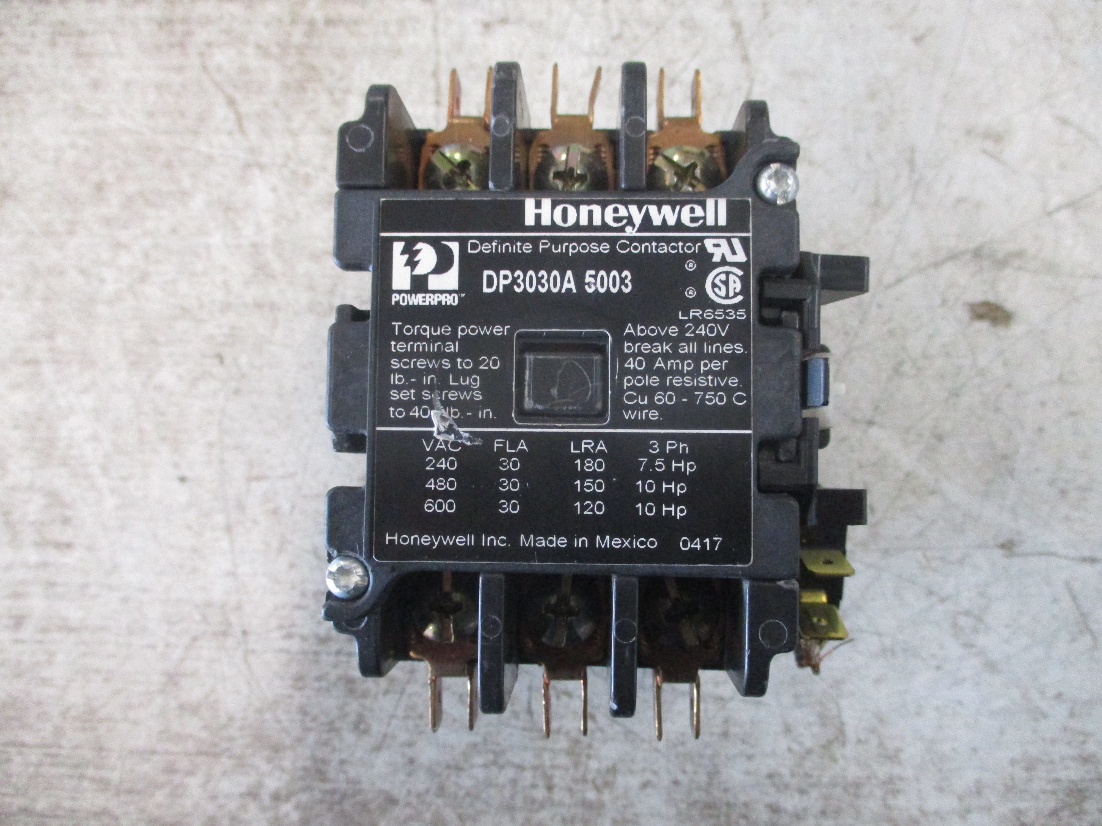 Honeywell Definite Purpose Contactor DP3030A 5003 24V Coil 30A 600V Used