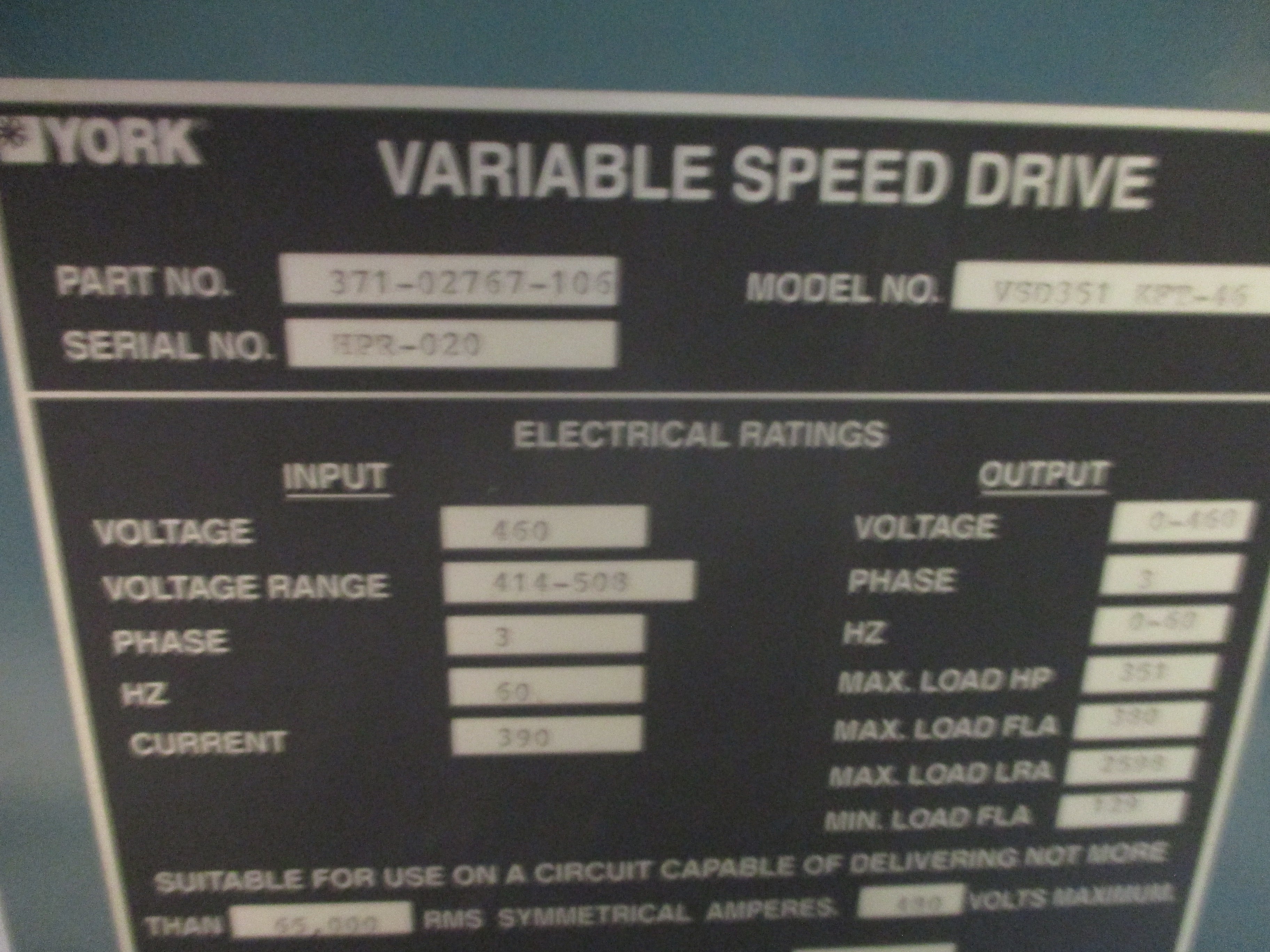 York VSD351 KFT-46 Chiller Drive 371-02767-106 351HP 3Ph