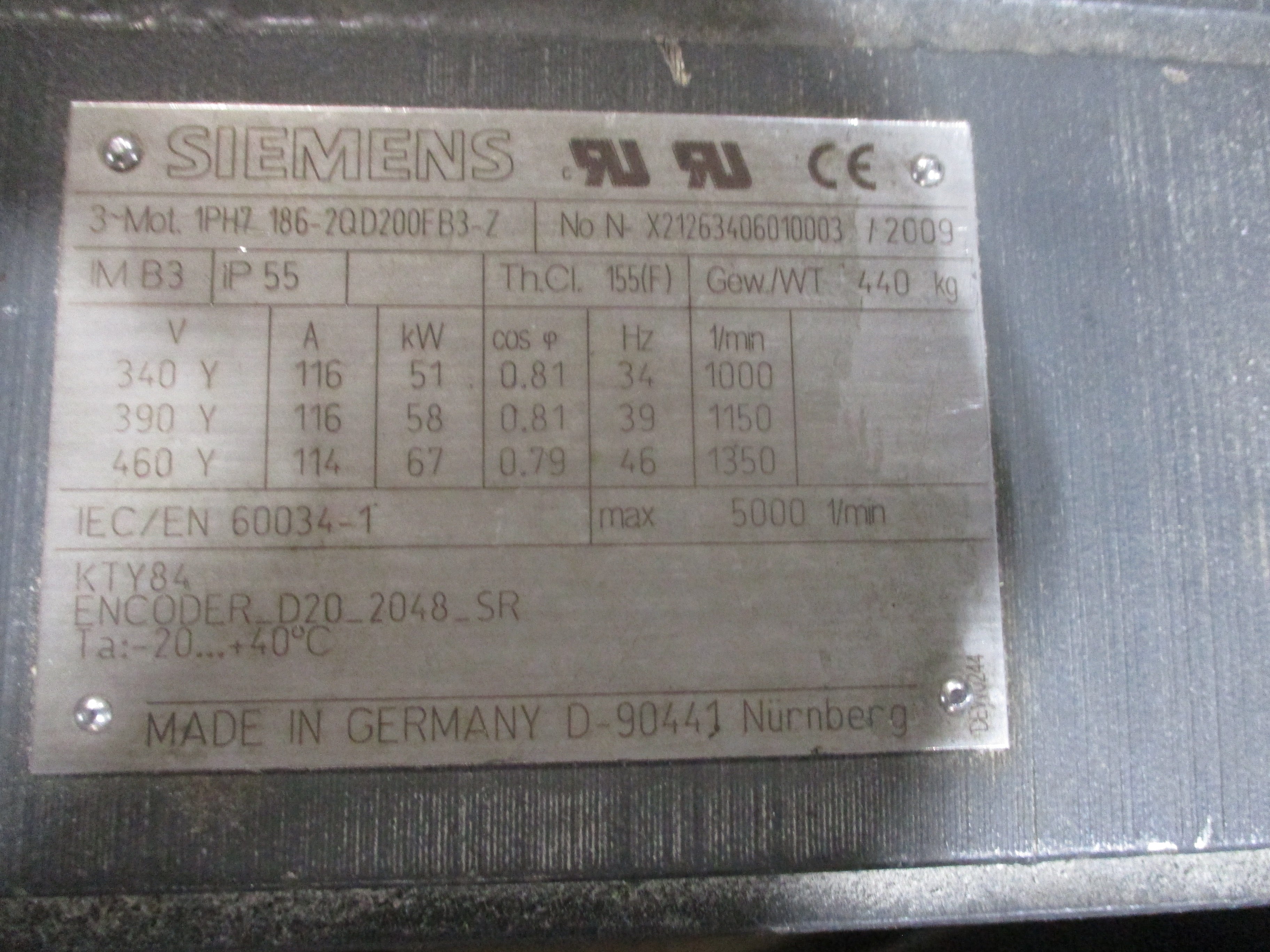 Siemens Motor 1PH7 186-2QD200FB3-Z 460V 114A 67KW 46Hz 1800RPM Approx. 90HP Used