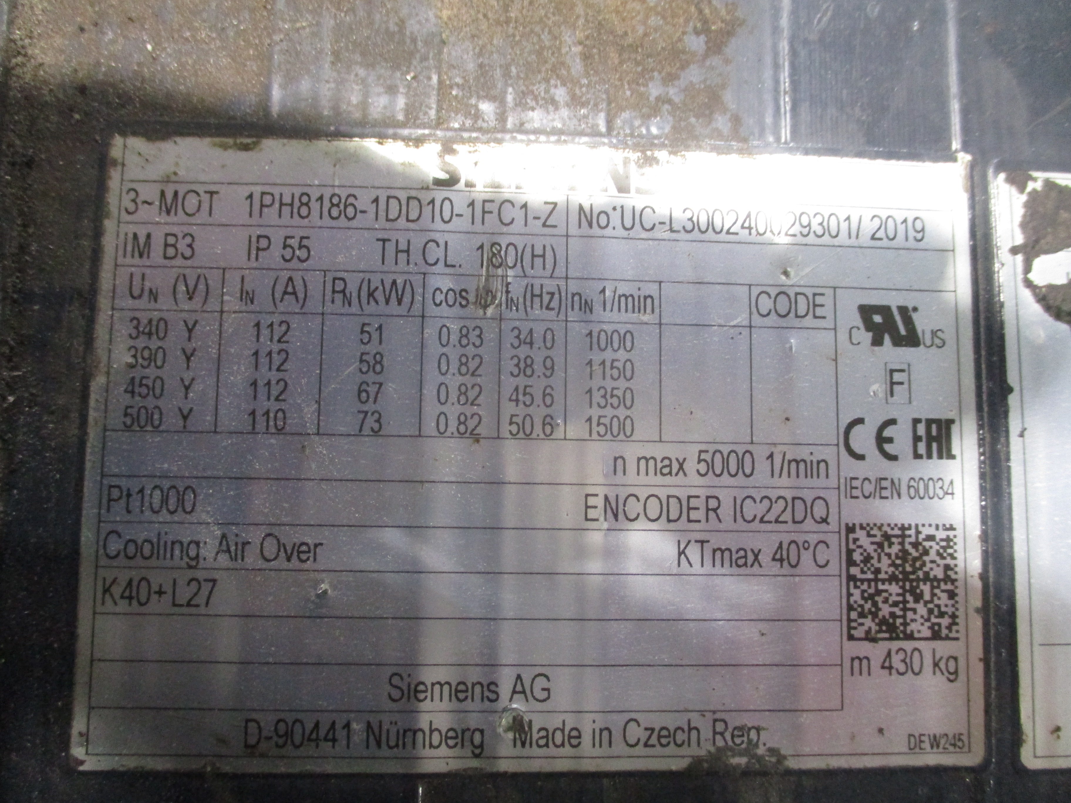 Siemens Motor 1PH7167-2FF23-0BA3 398V 79A 41KW 59.15Hz 1800RPM Approx. 50HP Used