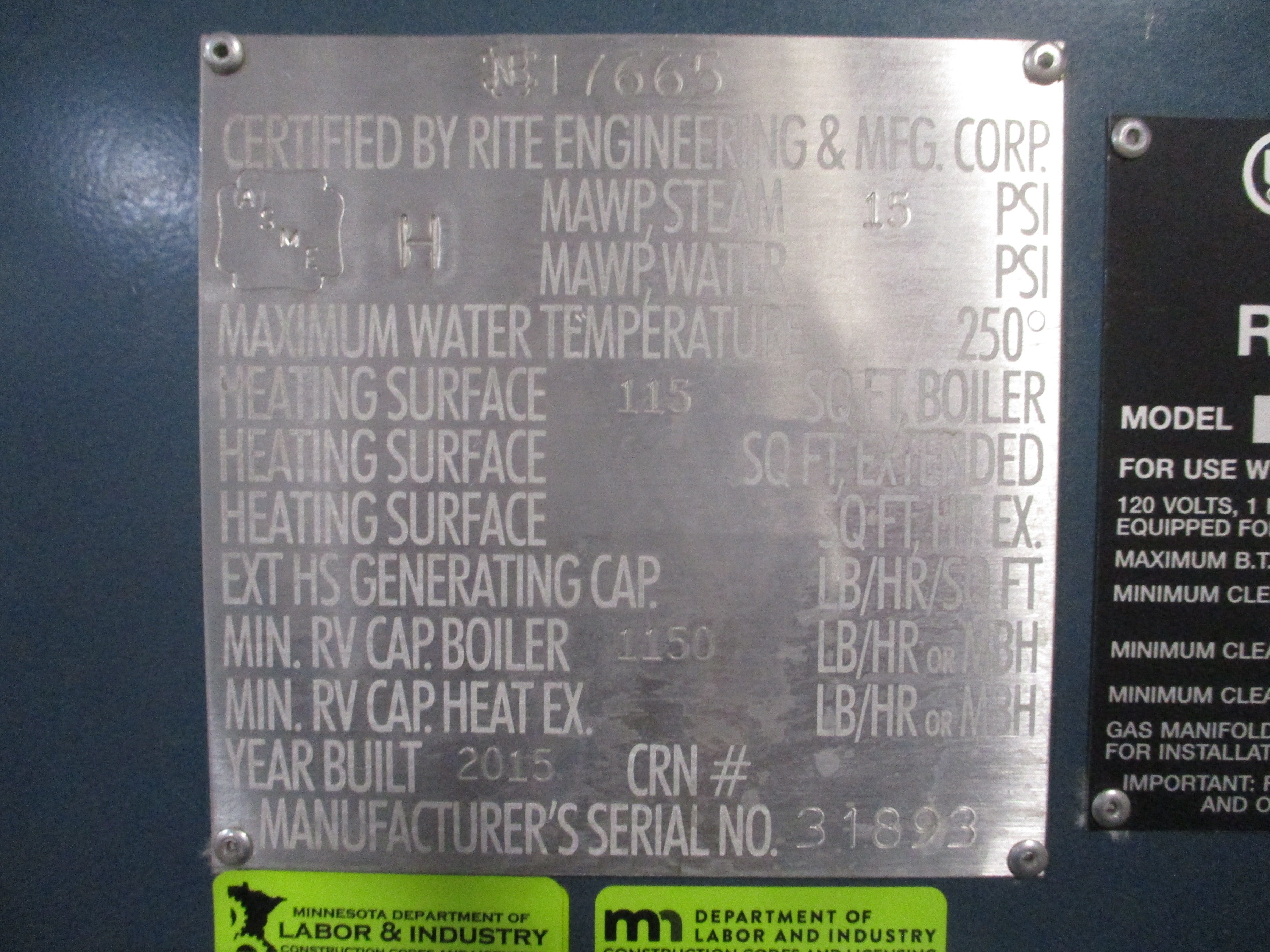 Rite Low Pressure Steam Boiler 120 S 1,200,000 BTU Input Per Hour 15PSI Max