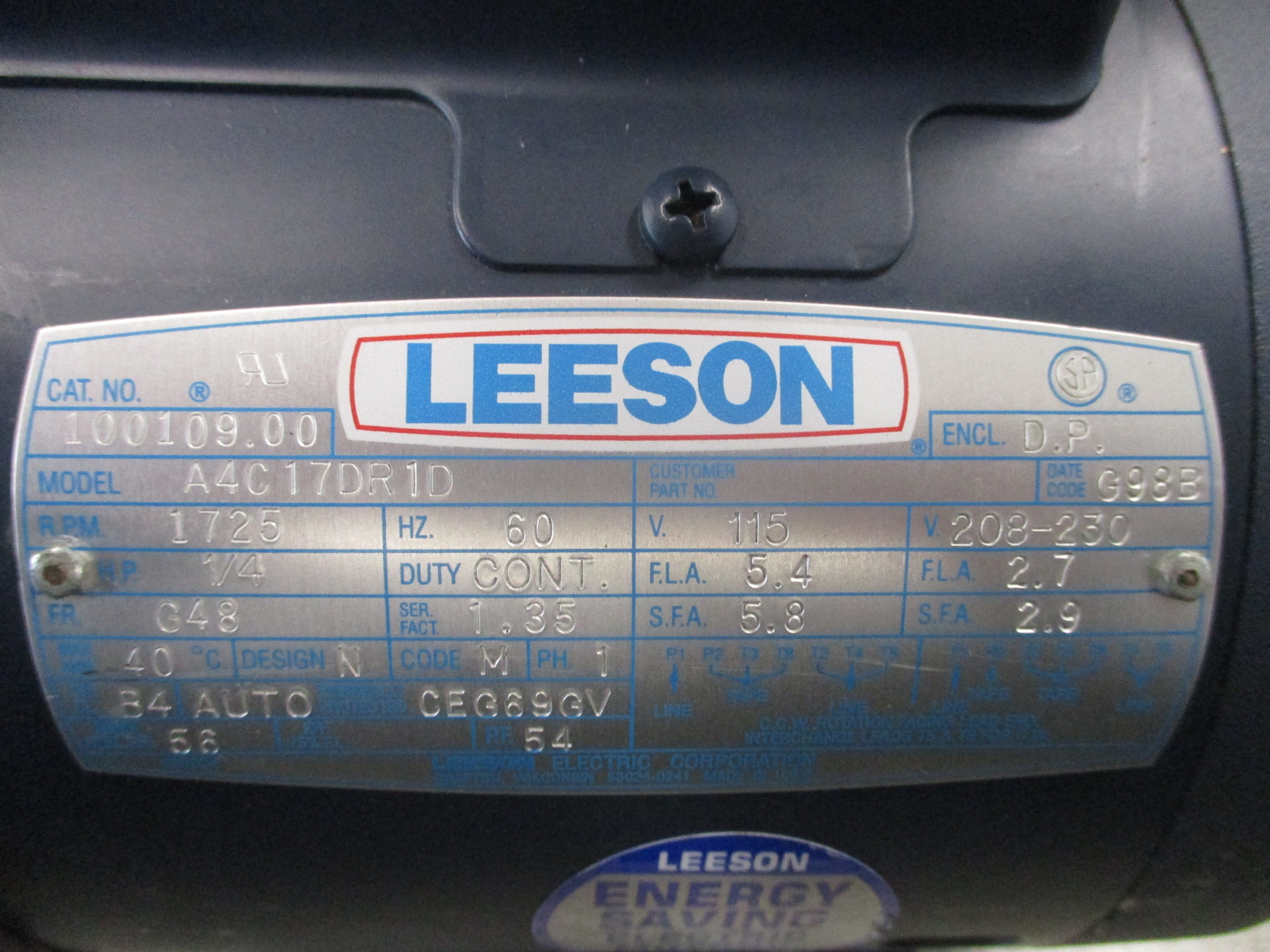 Leeson Motor A4C17DR1D 1800RPM 60Hz 115/208-230V 1/4HP 5.4/2.7A ENCL. DP FR. G48