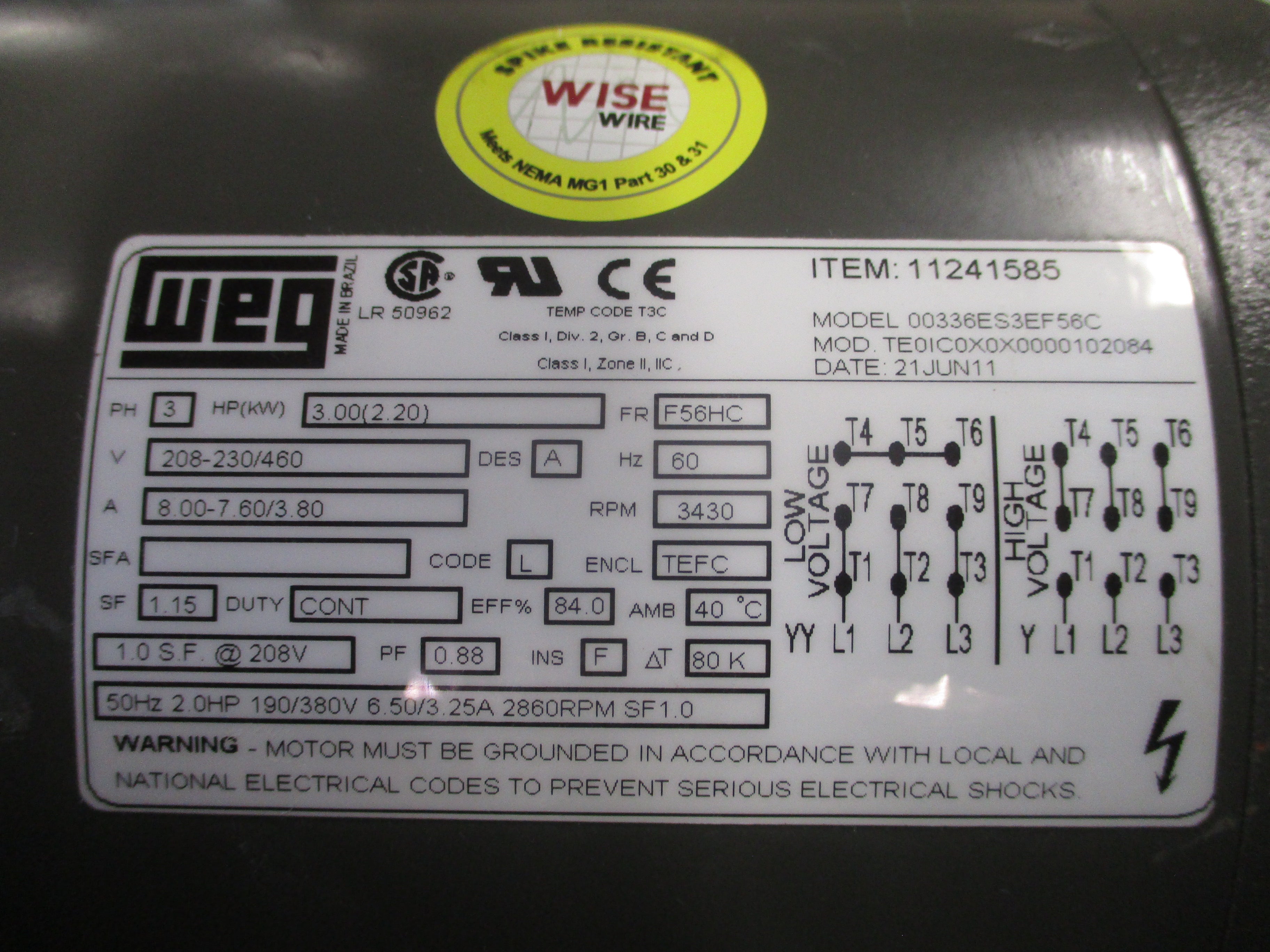 Weg Motor 00336ES3EF56C 3PH 3.00(2.20)HP 208-230/460V 8.00-7.60/3.80A 3600RPM