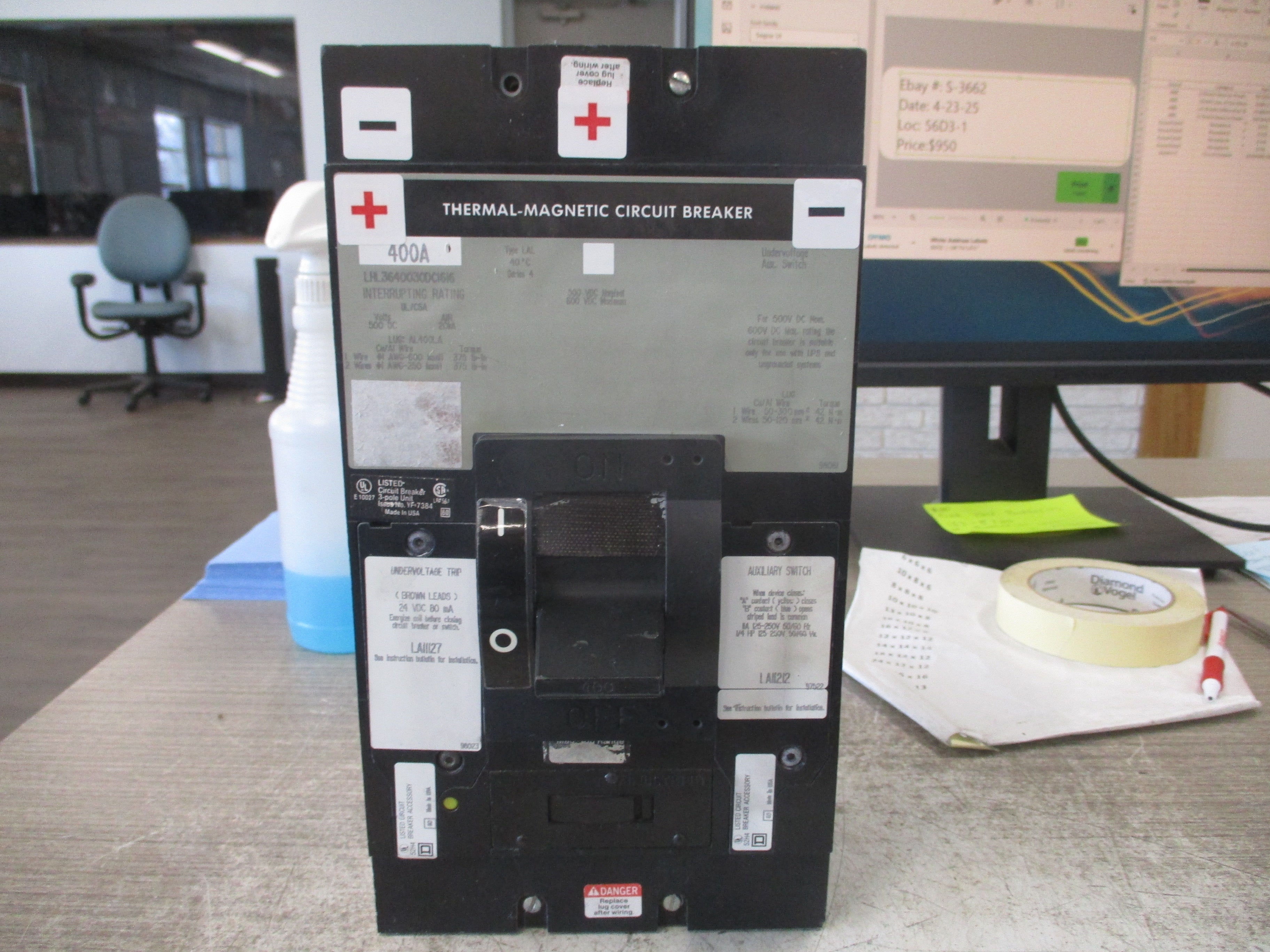 Square D Circuit Breaker LHL3640030DC1616 400A 500VDC W/Undervoltage Trip