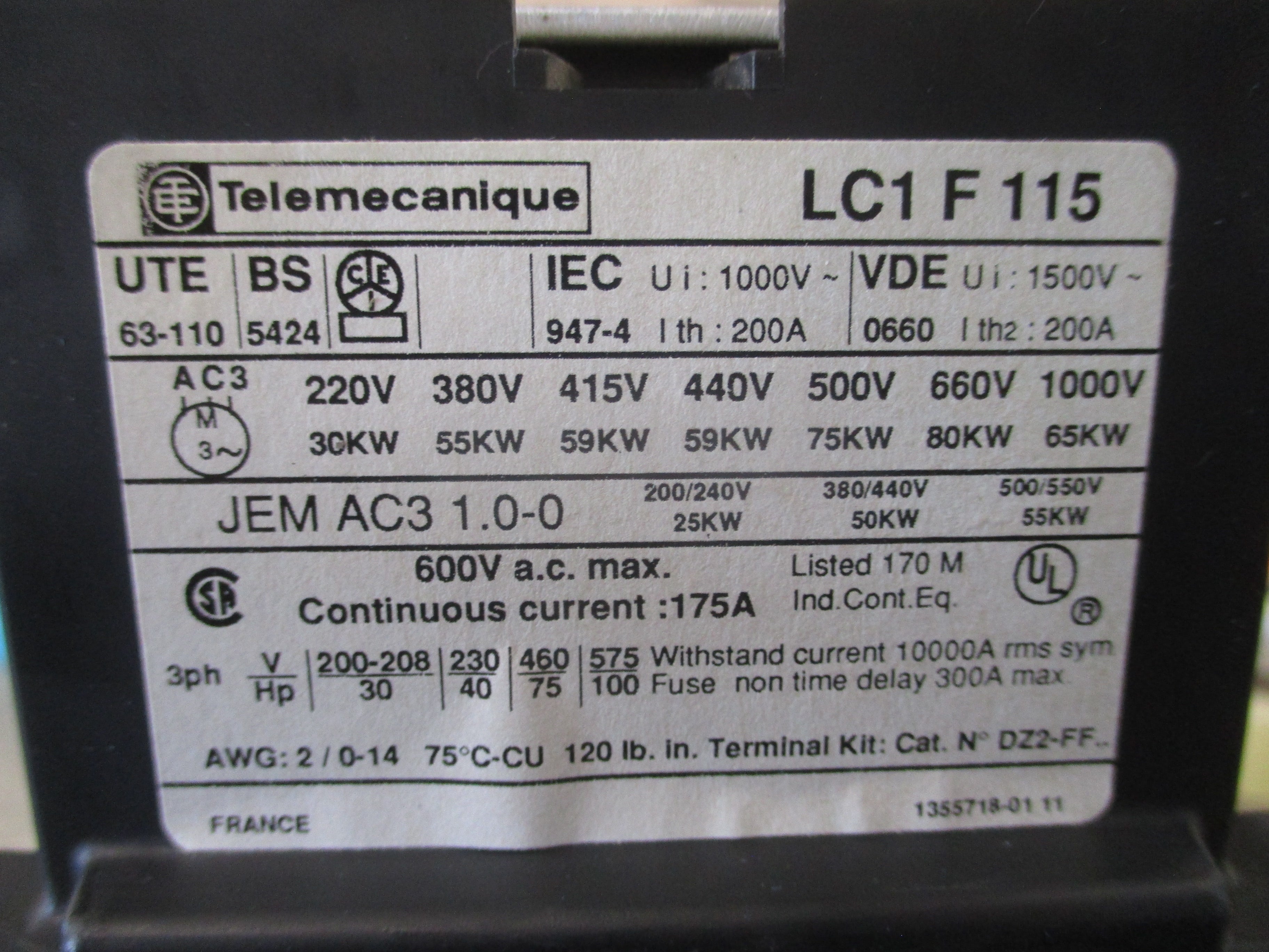Telemecanique Contactor LC1F115 115-120V Coil w/ Aux Contact Block Used