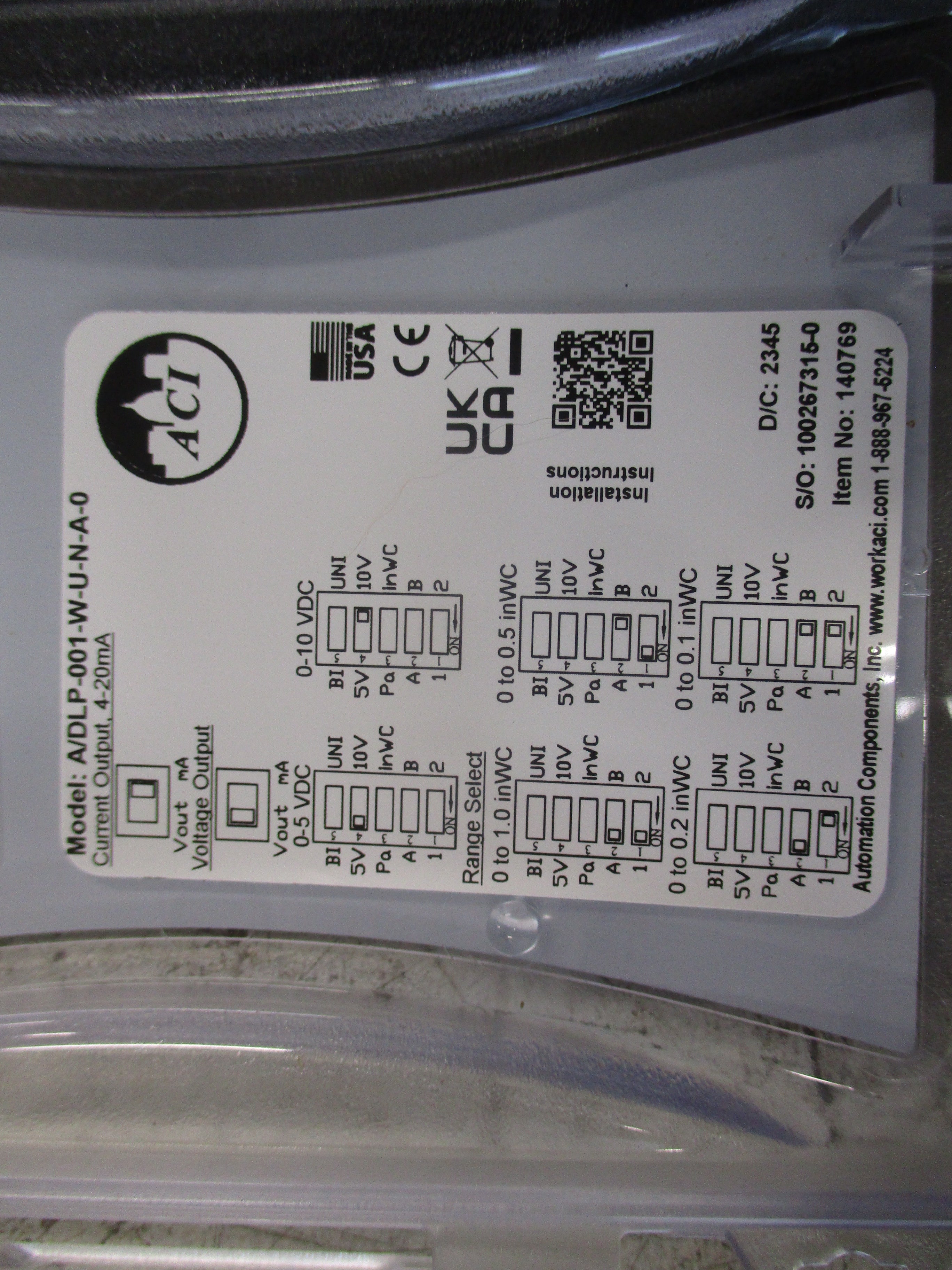 ACI Differential Low Pressure Transducer A/DLP-001-W-U-N-A-0 Output: 4-20mA