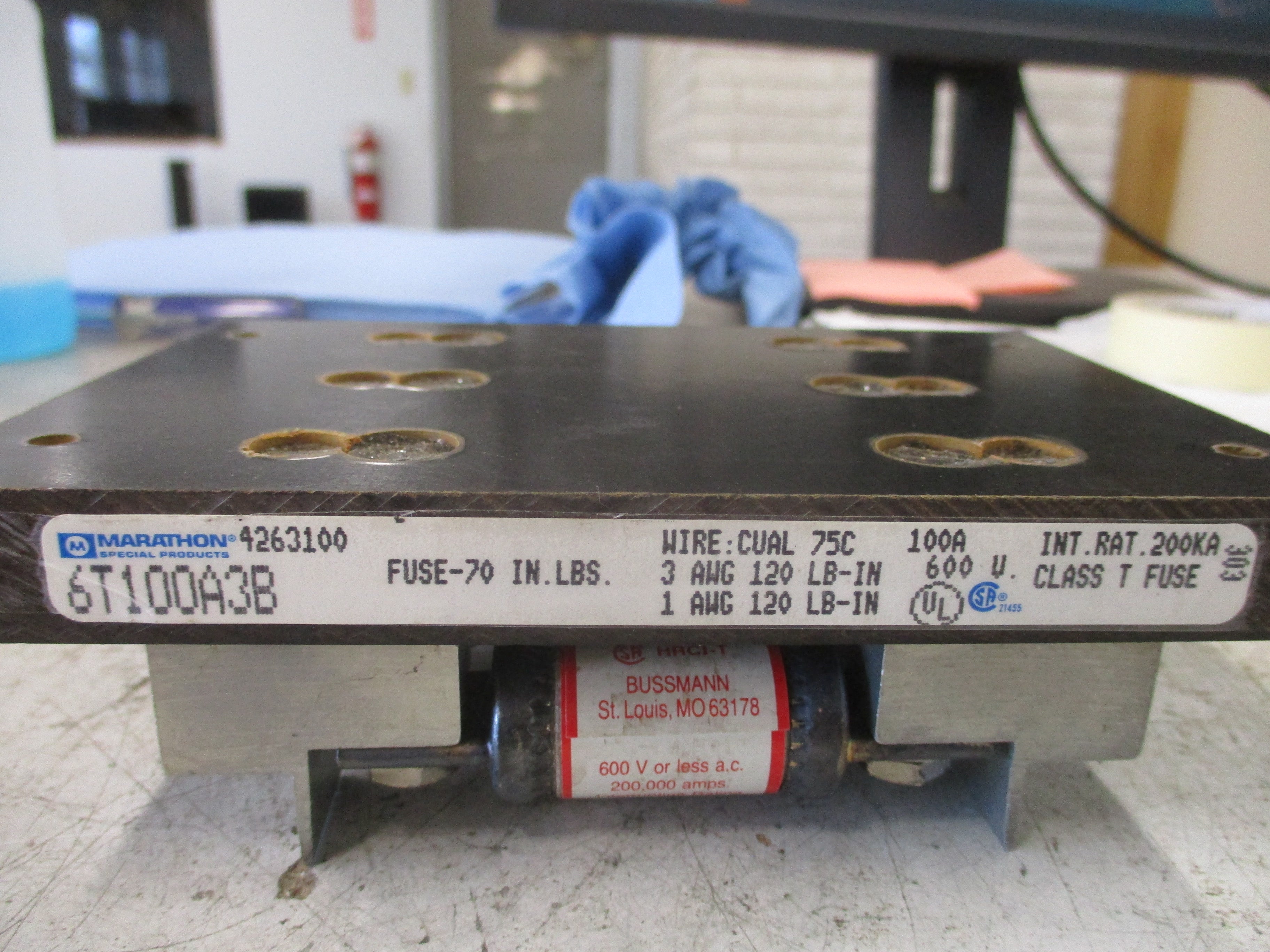 Marathon Fuse Holder w/ Fuses 6T100A3B 100A 600V w/ (3) 70A Fuses Used