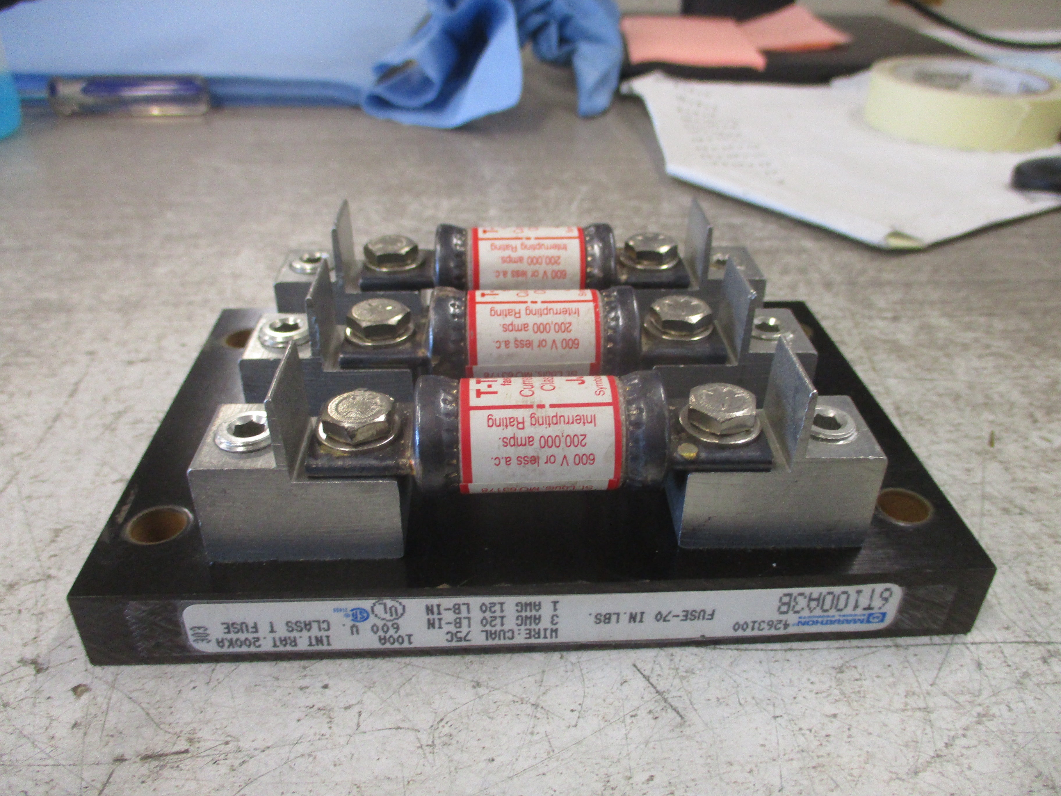 Marathon Fuse Holder w/ Fuses 6T100A3B 100A 600V w/ (3) 70A Fuses Used