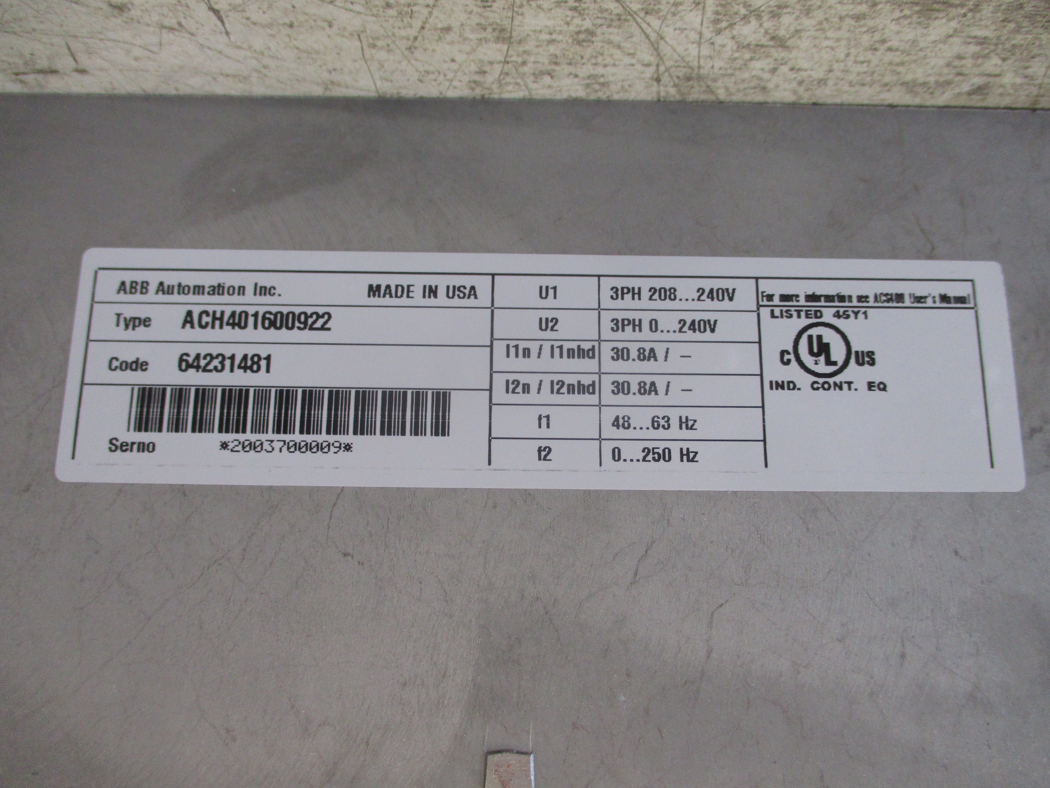 ABB ACH401 AC Drive ACH401600922 10HP Input: 3PH 208-240V 30.8A 48-63Hz