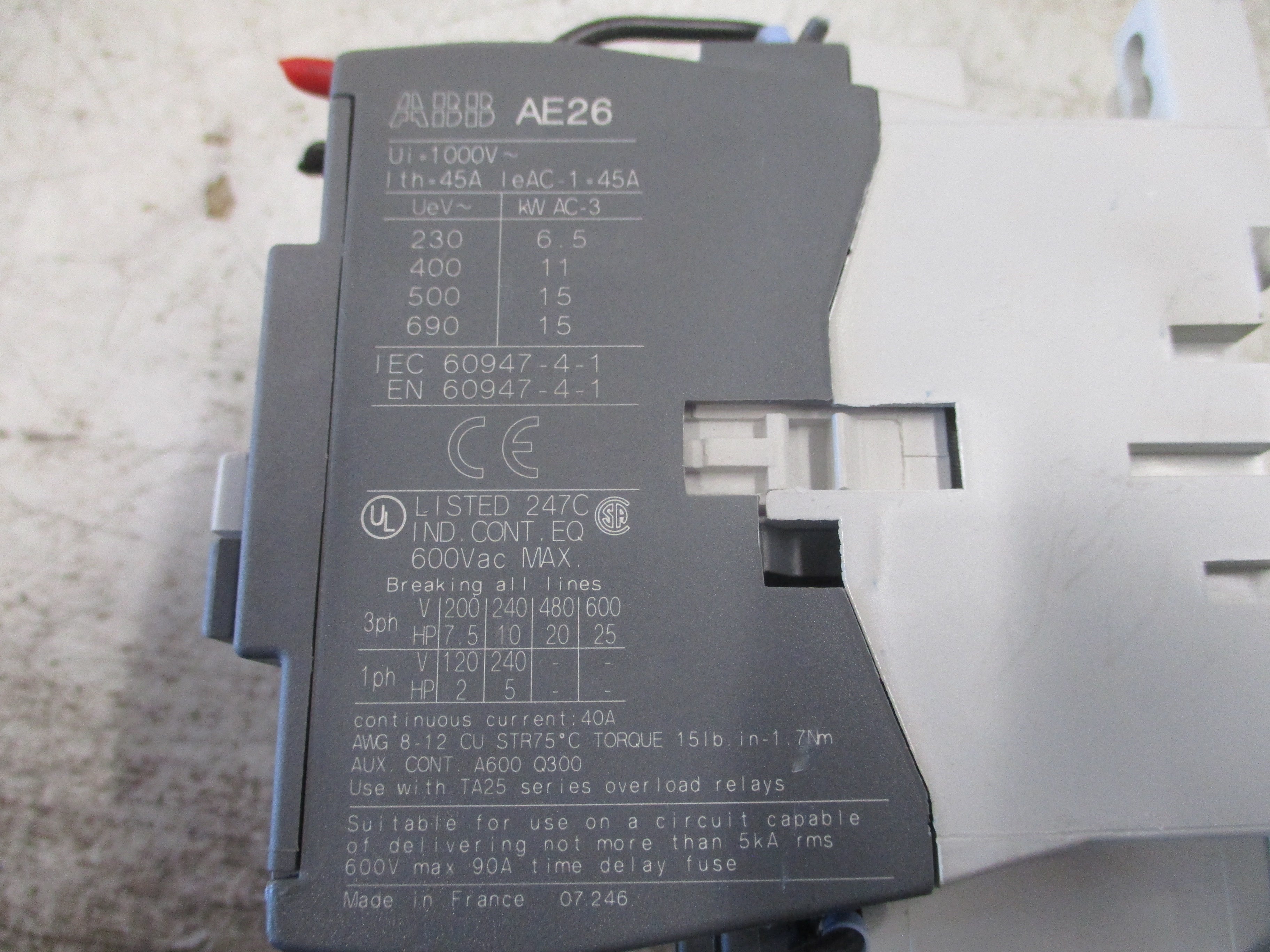 ABB Contactor AE26-30 24VDC Coil 40A 600V Used