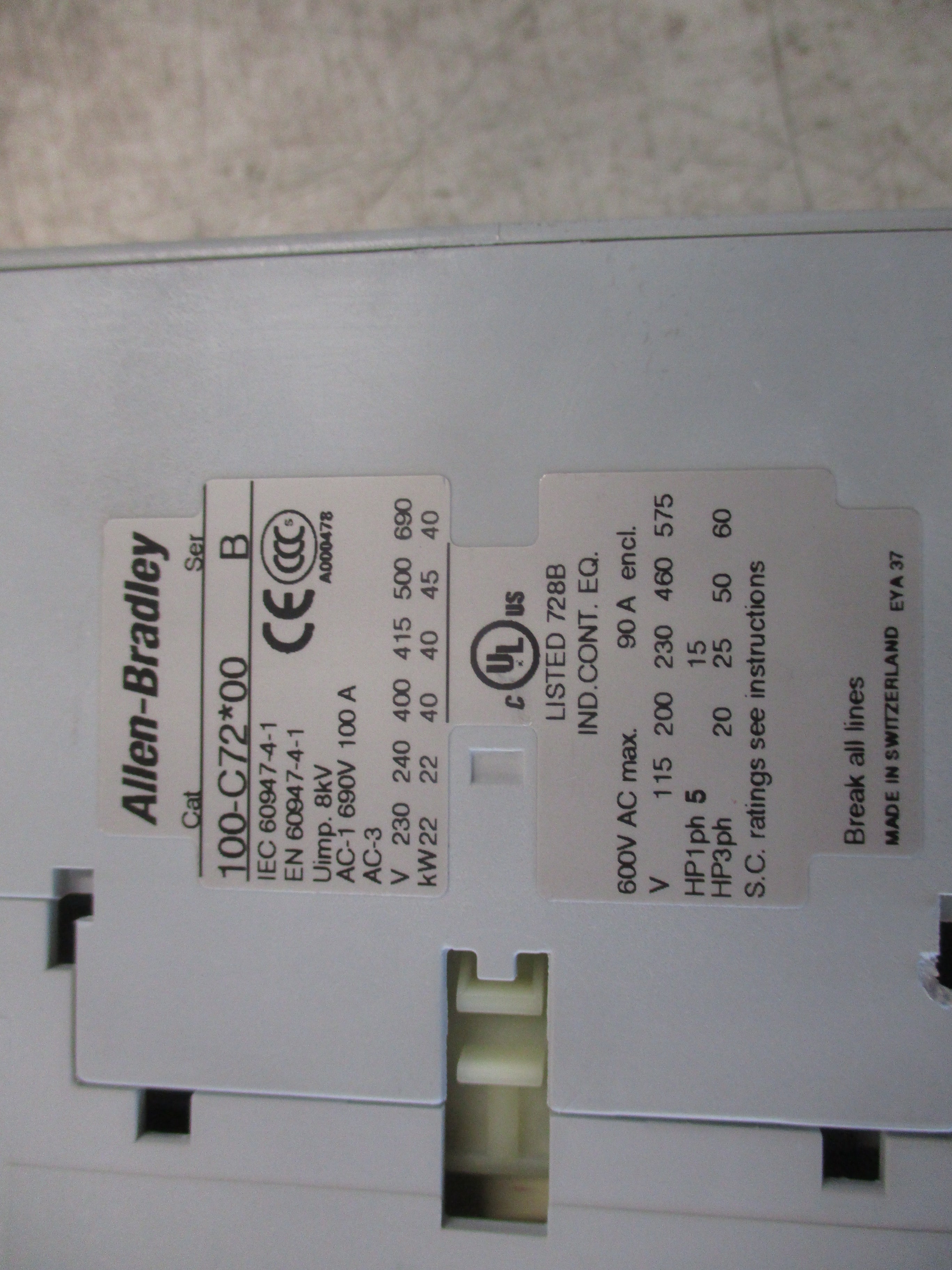 Allen-Bradley Starter 100-C72*00/193-EEGE 120V Coil Trip: 18-90A (1) Aux Contact