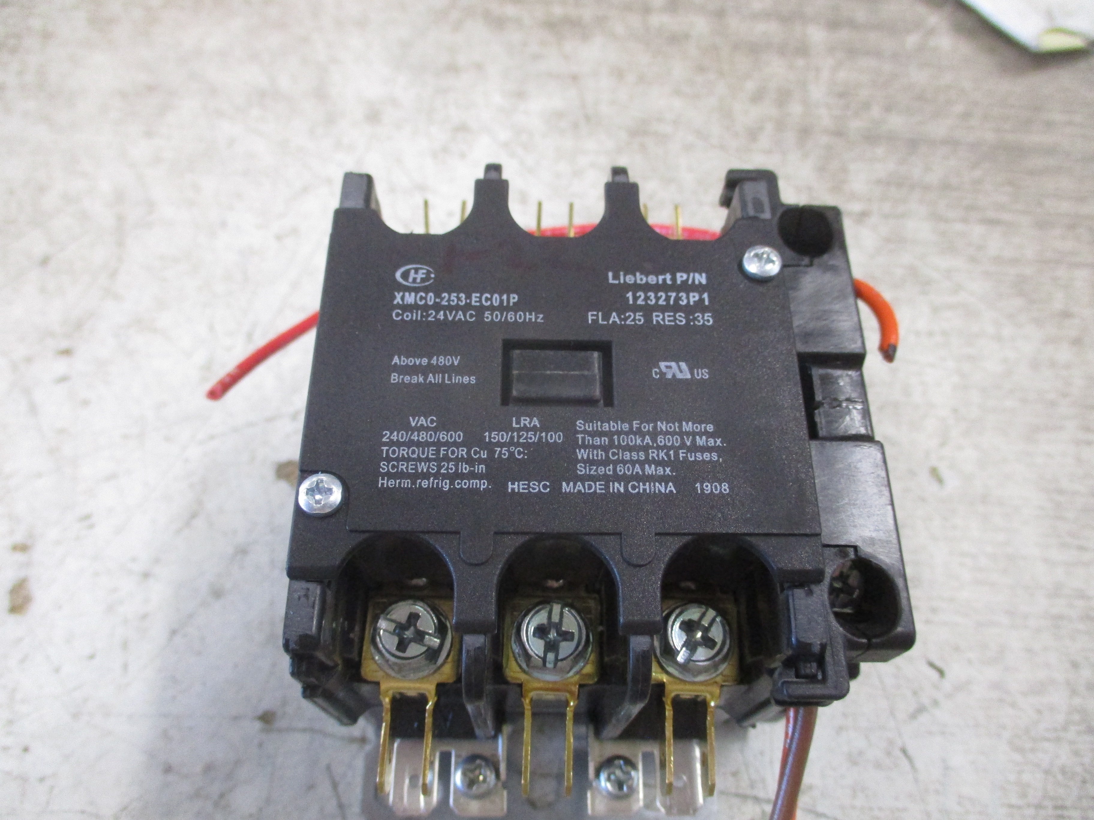 Liebert Contactor 123273P1 25A 600V 24V Coil Used