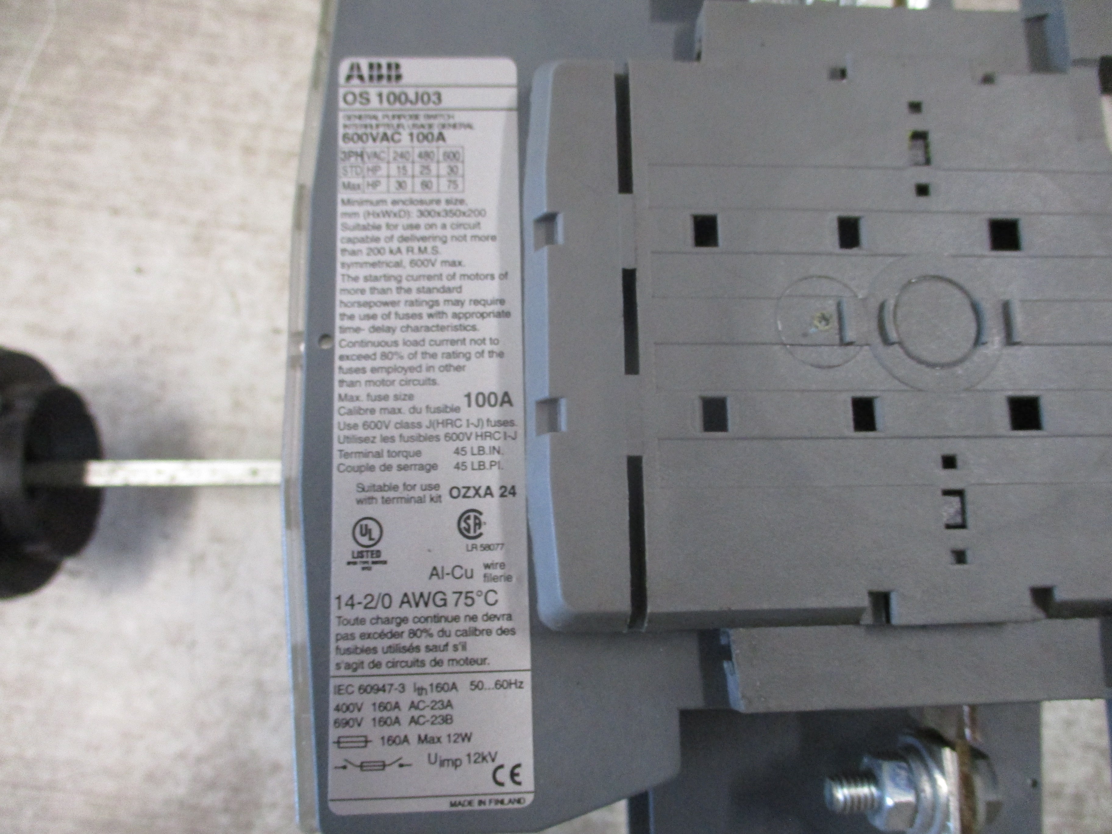 ABB Fusible Disconnect Switch OS 100J03 100A 600V 3P (3) 70A Fuses