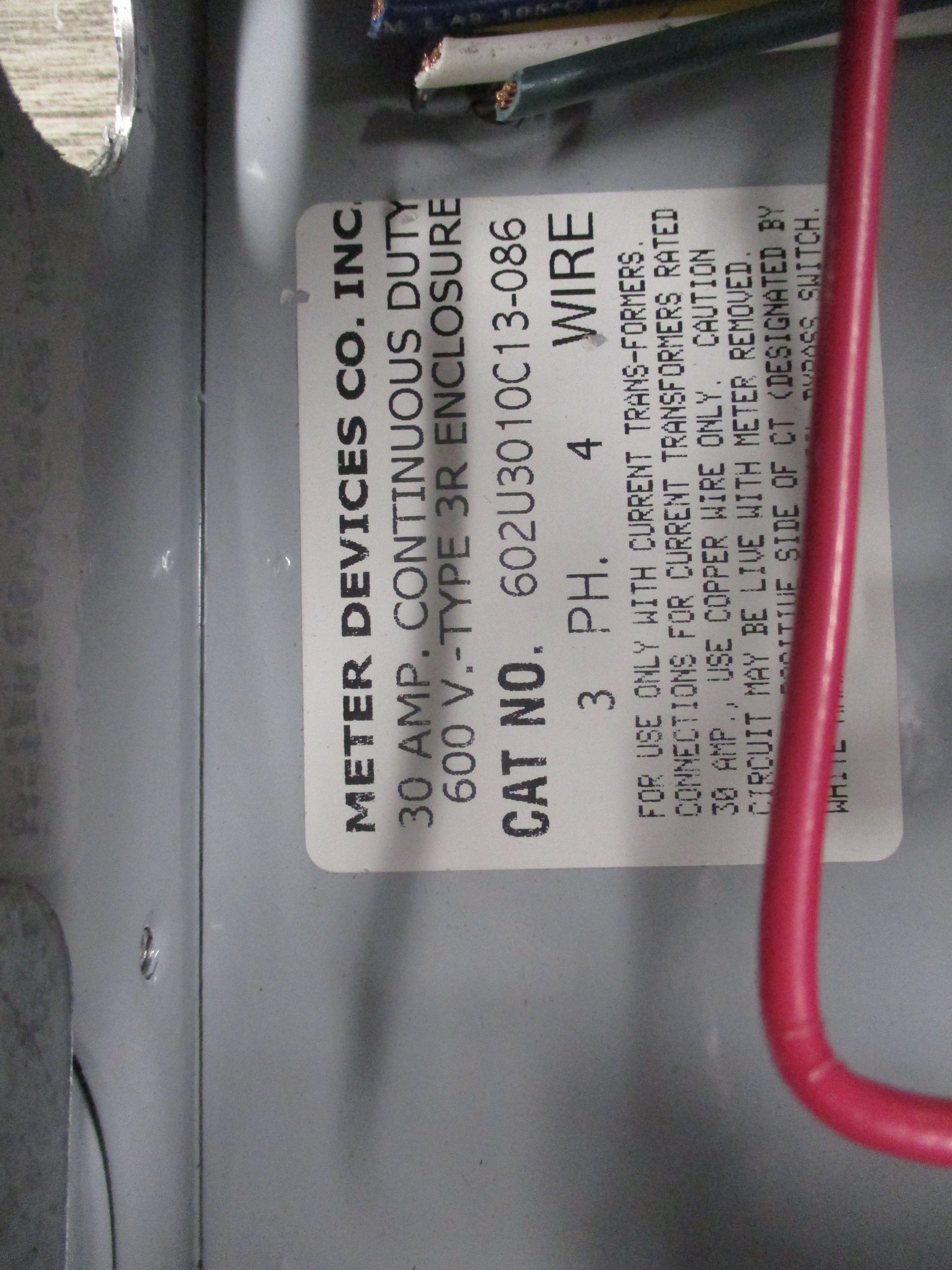 Meter Device Co. 3R Meter Socket 602U3010C13-086 30A 600V 3Ph 4W Used