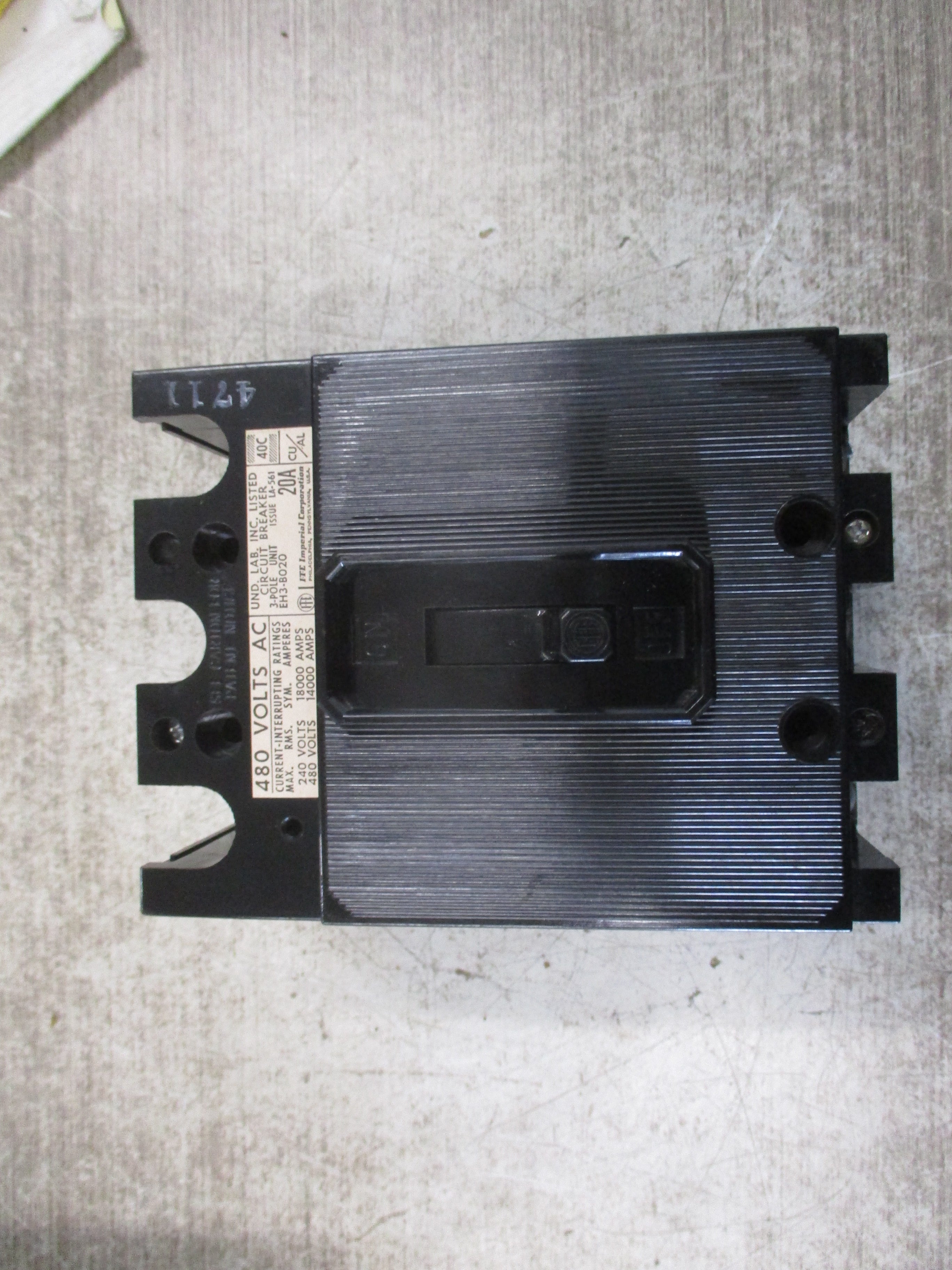 ITE Circuit Breaker EH3-B020 20A 480V 3P New Surplus