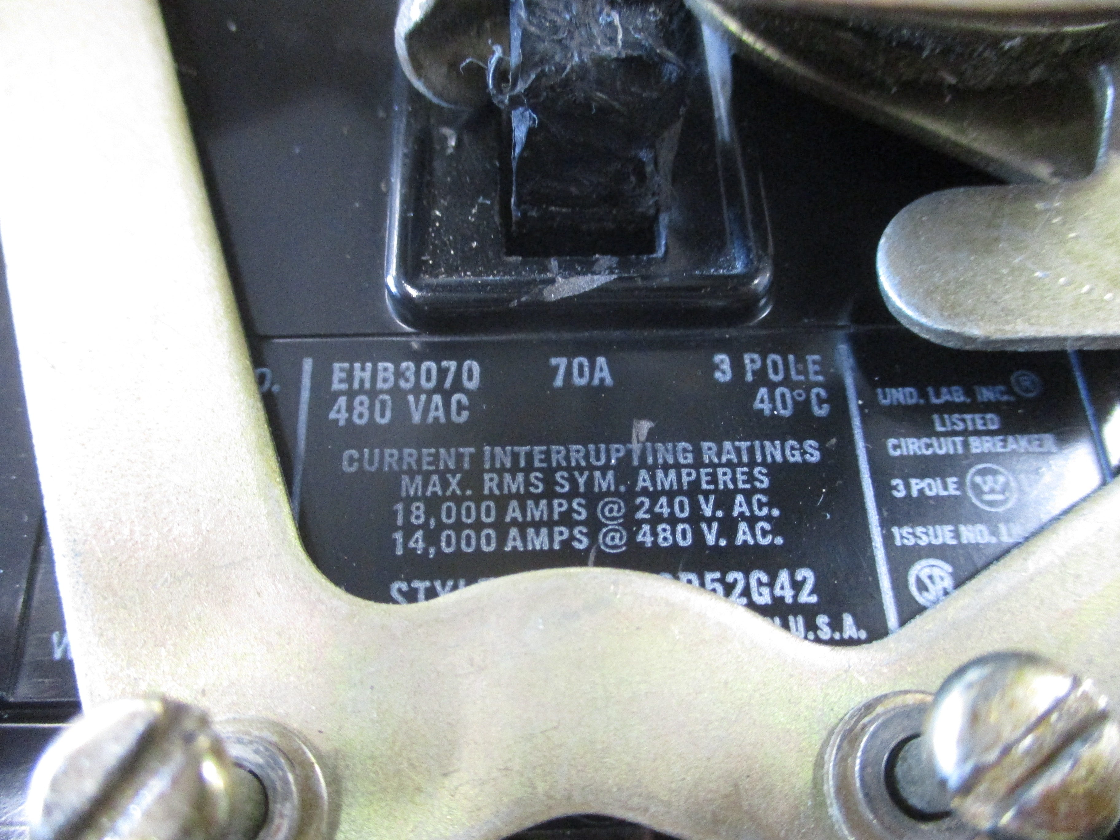 Westinghouse Breaker Disconnect EHB3070 70A 480V 3P Used