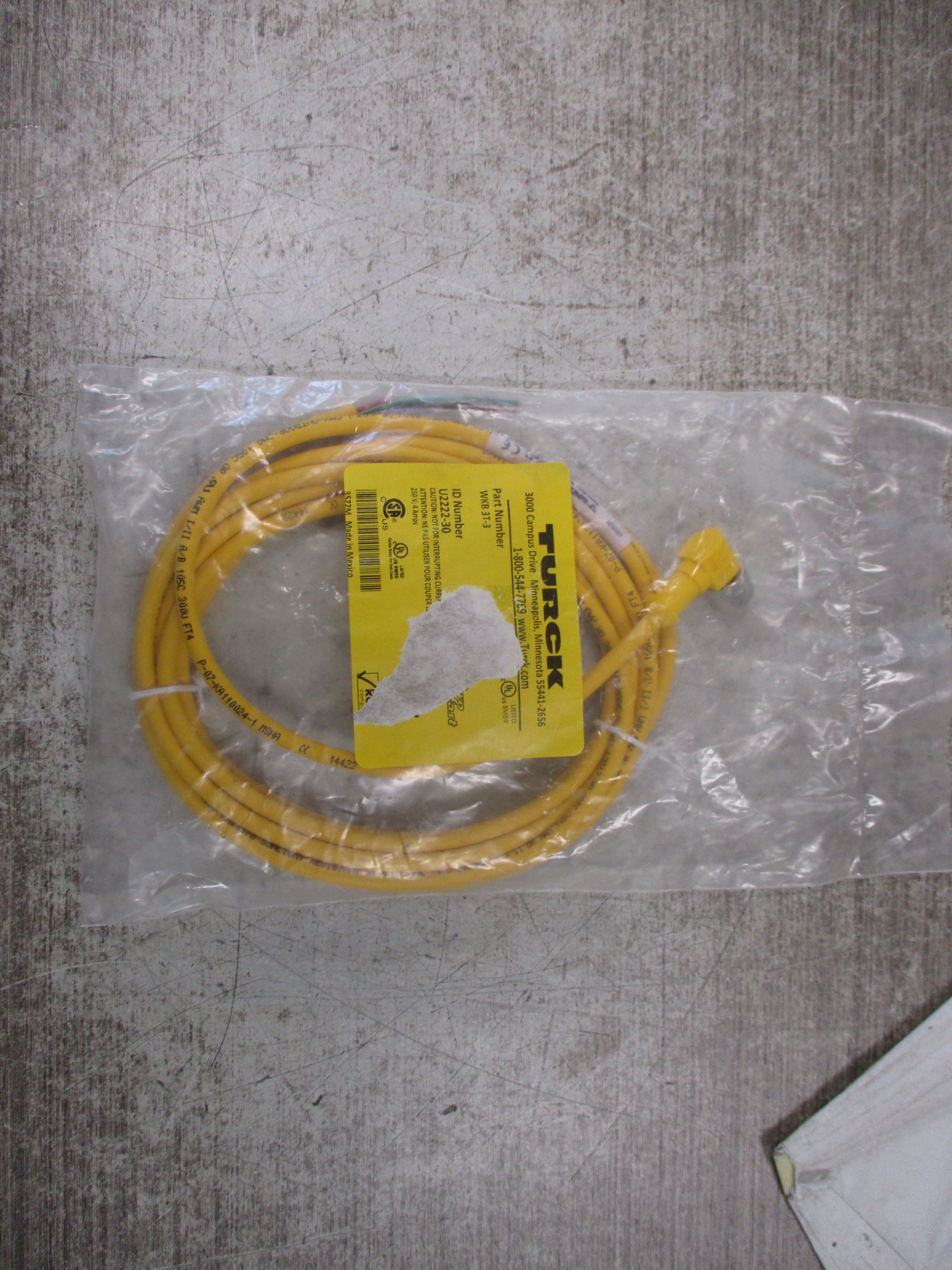 Turck Single-End Cord Set WKB 3T-3 Right Angle Female 4A 250V New Surplus