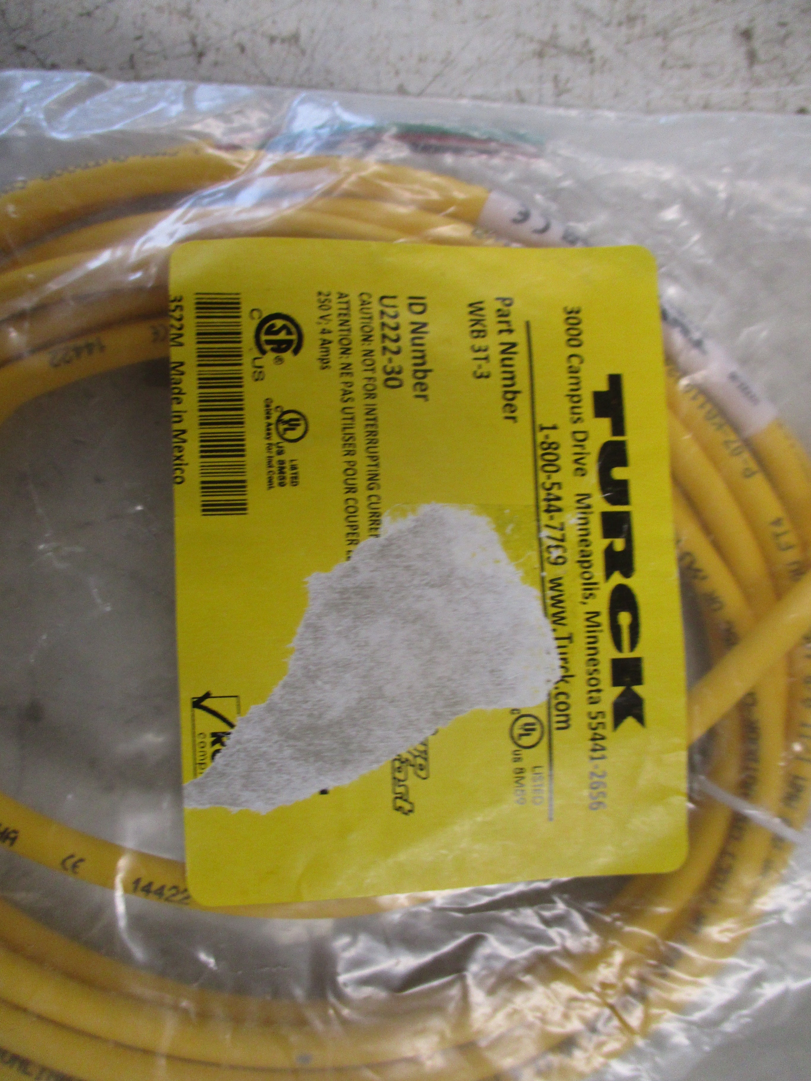 Turck Single-End Cord Set WKB 3T-3 Right Angle Female 4A 250V New Surplus