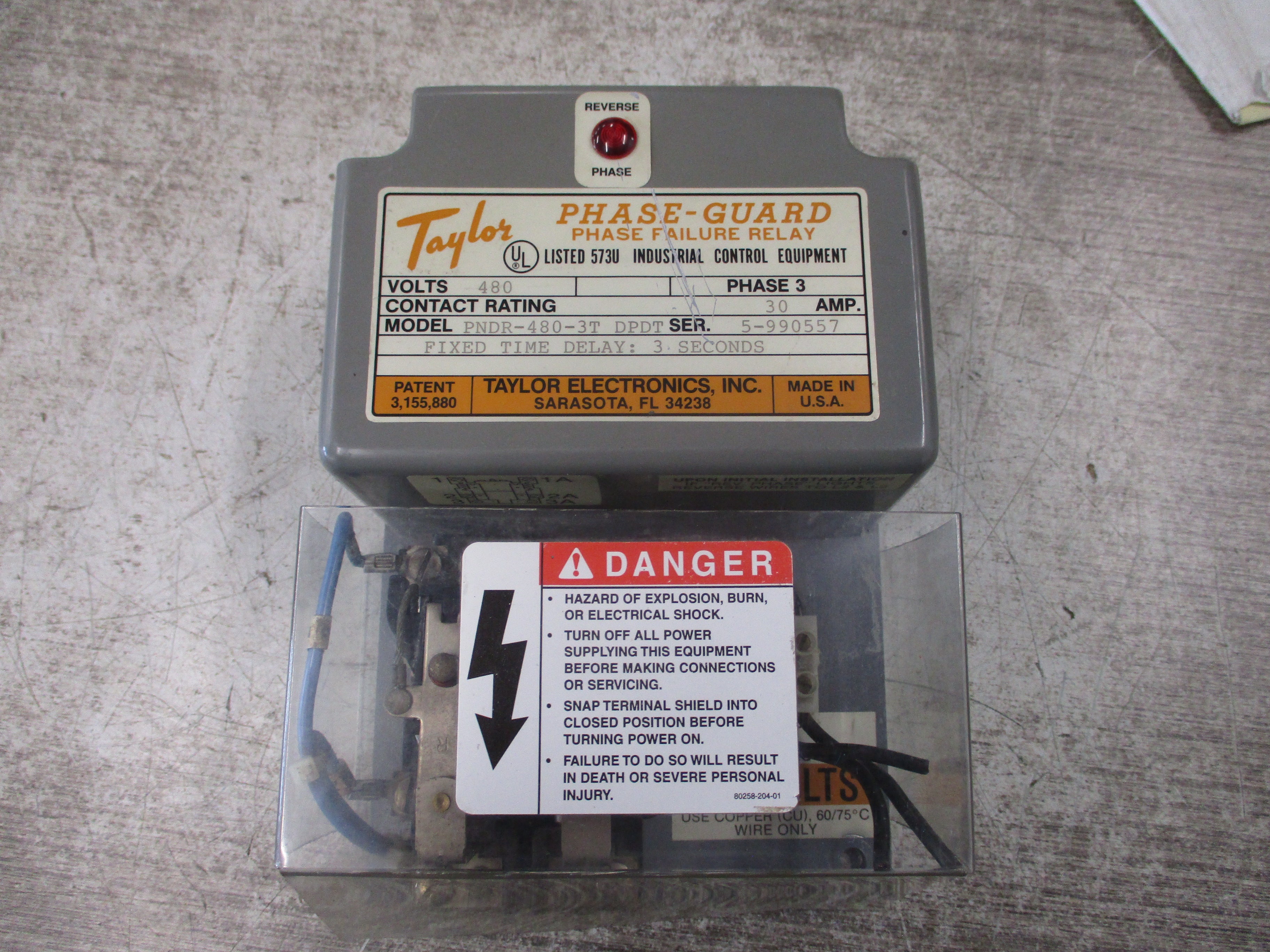 Taylor Phase-Guard Phase Failure Relay PNDR-480-3T DPDT 480V 30A 3Ph