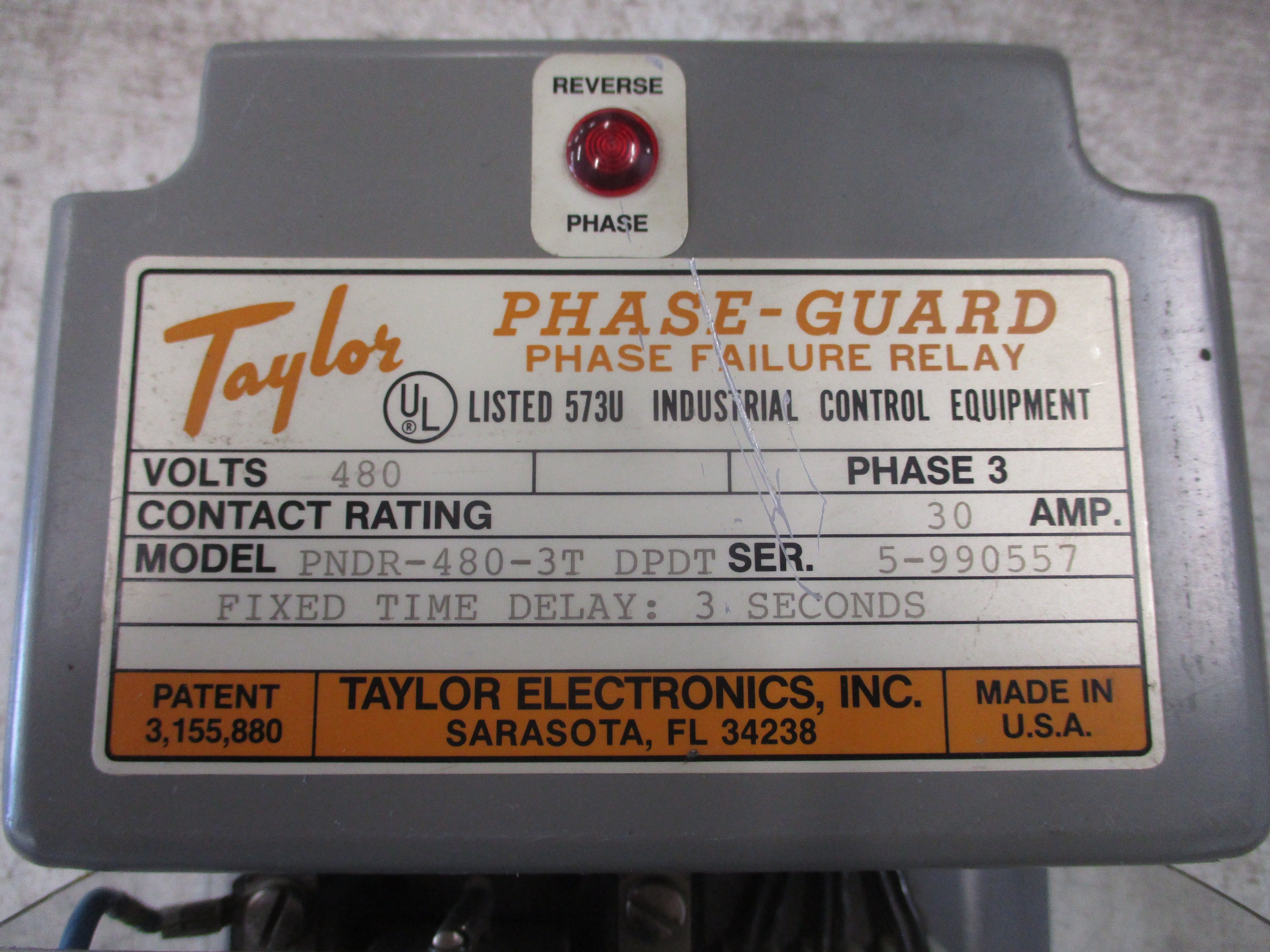 Taylor Phase-Guard Phase Failure Relay PNDR-480-3T DPDT 480V 30A 3Ph
