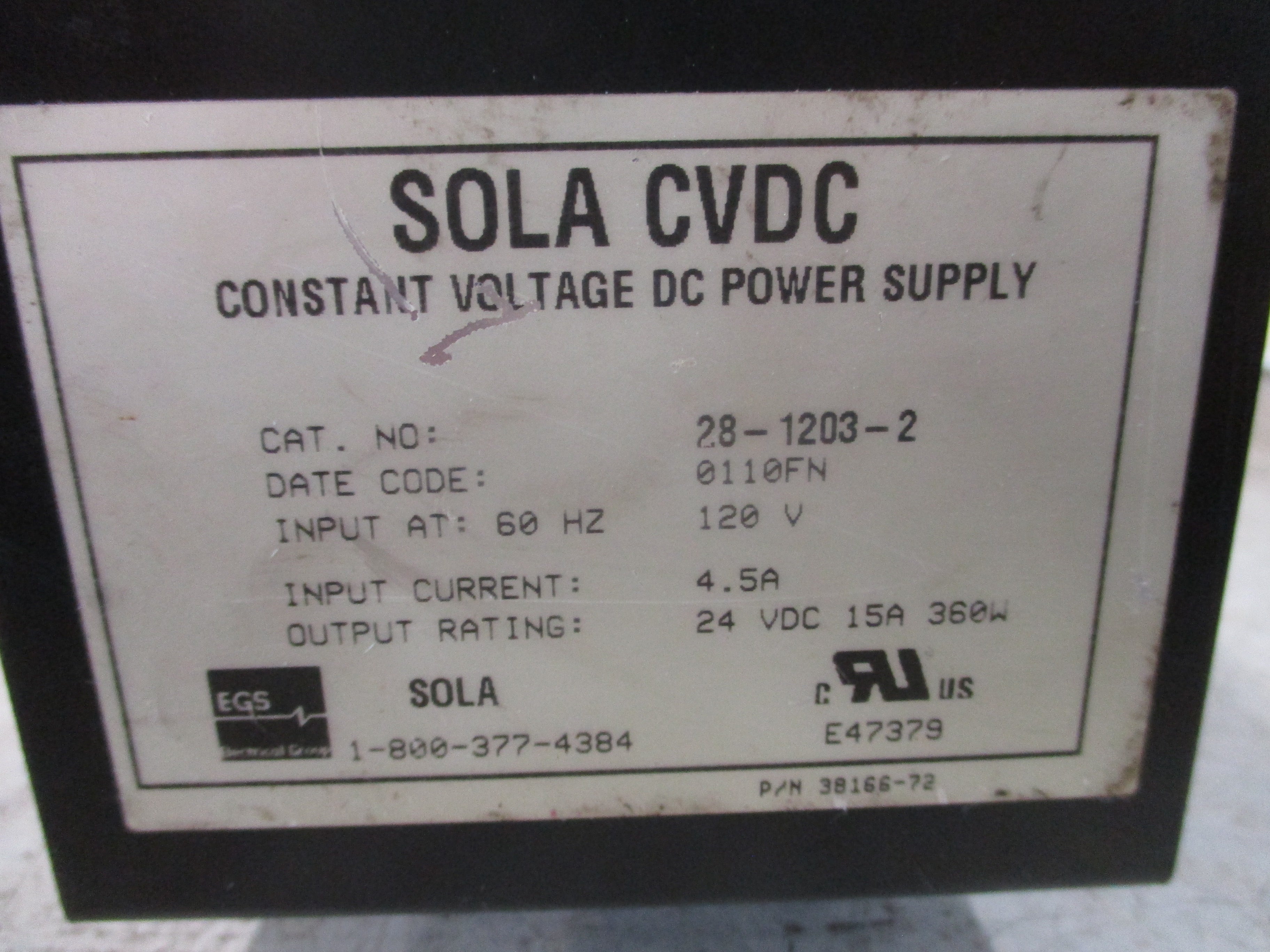 Sola Power Supply Transformer 28-1203-2 360W Input: 120V 4.5A 60Hz