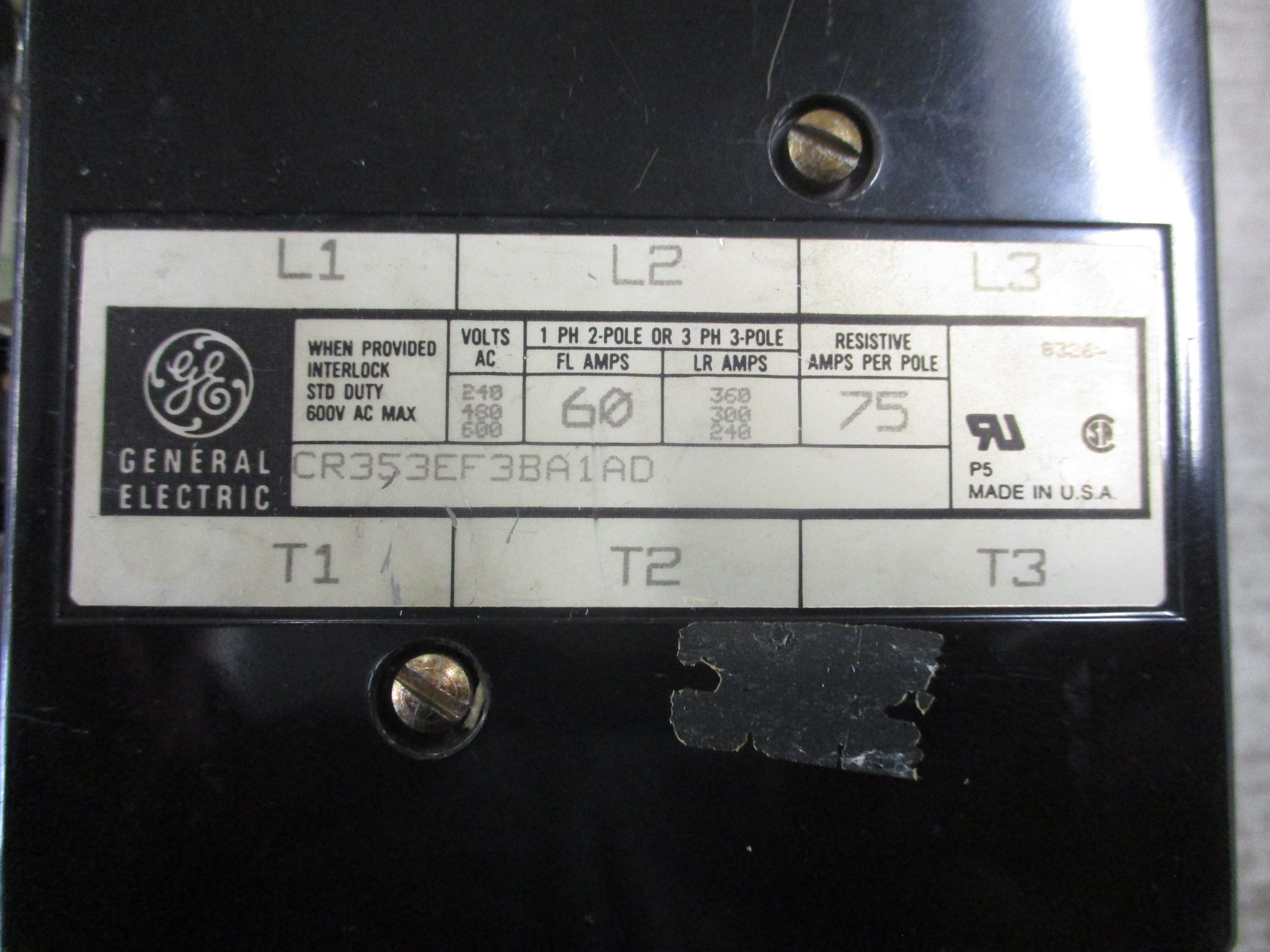 GE Contactor CR353EF3BA1AD 60A 115-120V Coil 600V Used