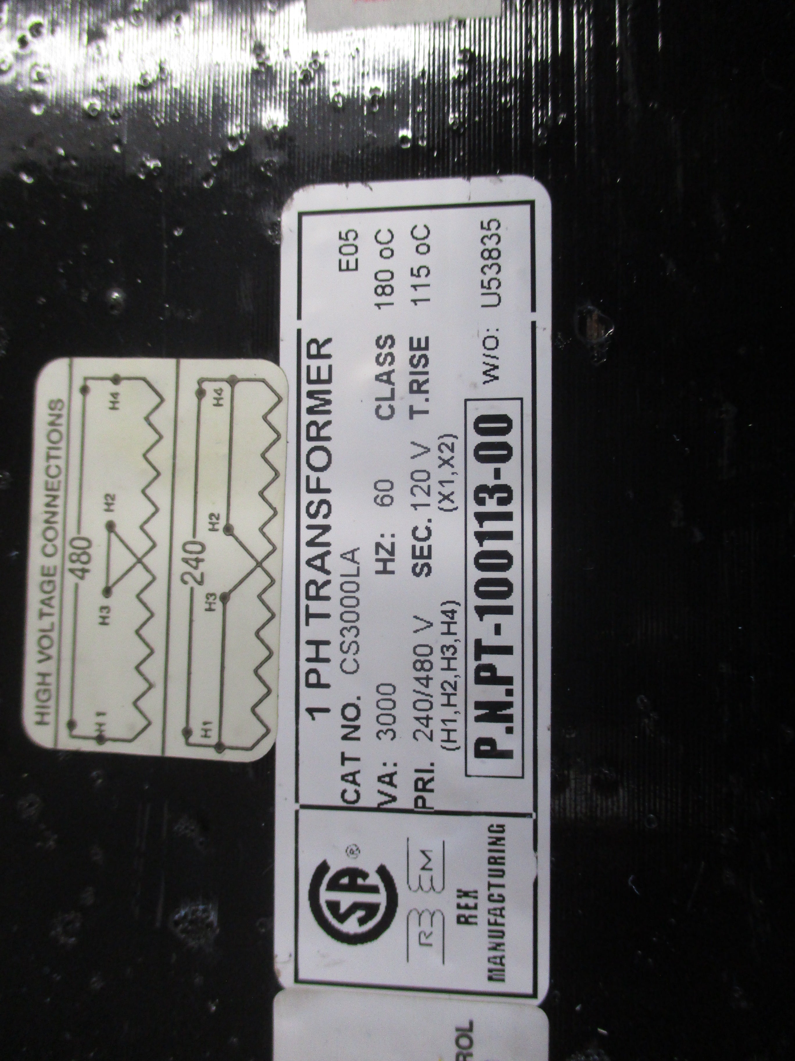 Rex Manufacturing Transformer CS3000LA 3KVA Pri: 240/480V Sec: 120V 60Hz 1P