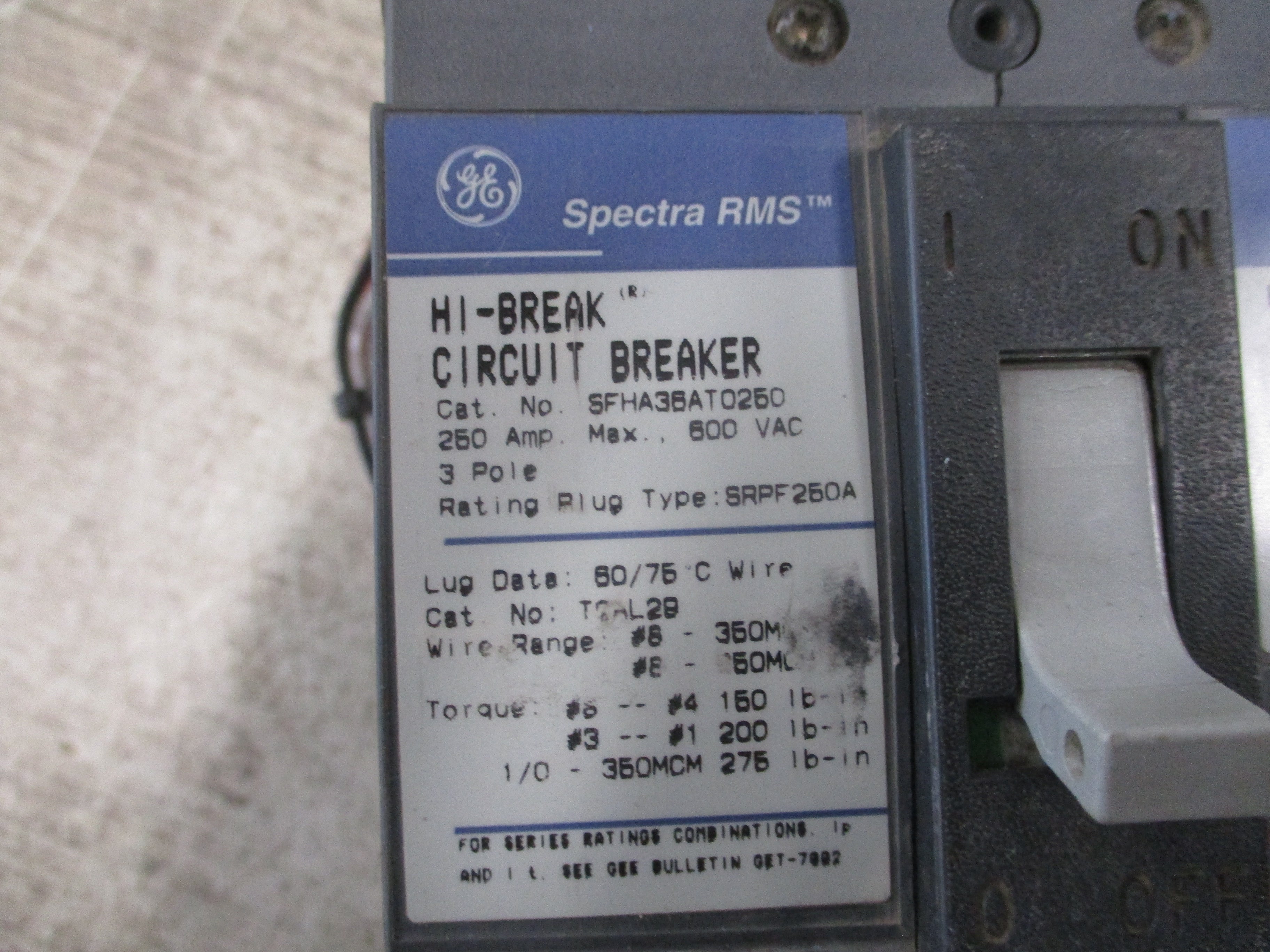 GE Spectra RMS Hi-Break Circuit Breaker SFHA3BAT0250 250A 600V 3P Used