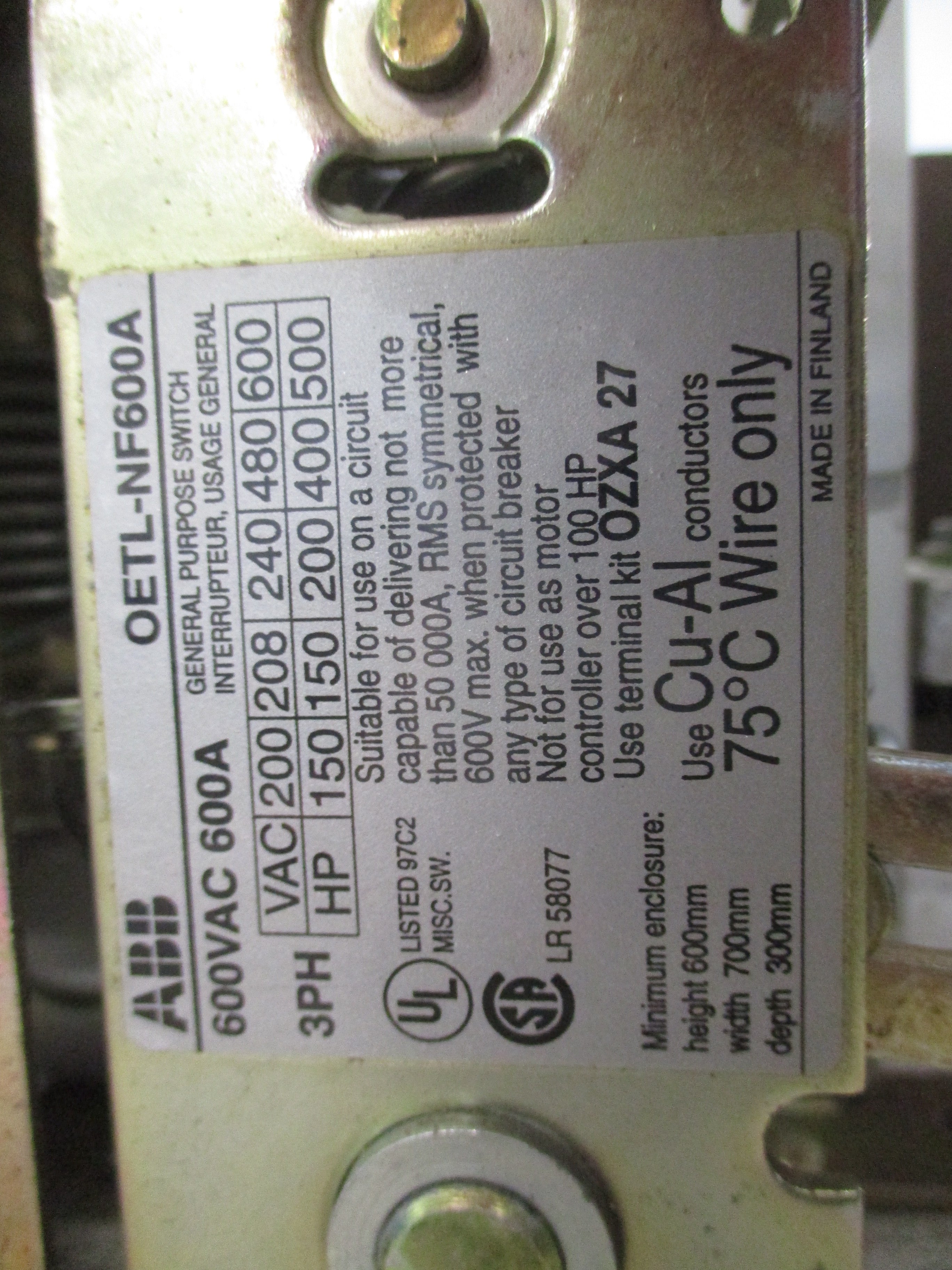 ABB Disconnect Switch OETL-NF600A 600A 600V 3P *No Handle* Used