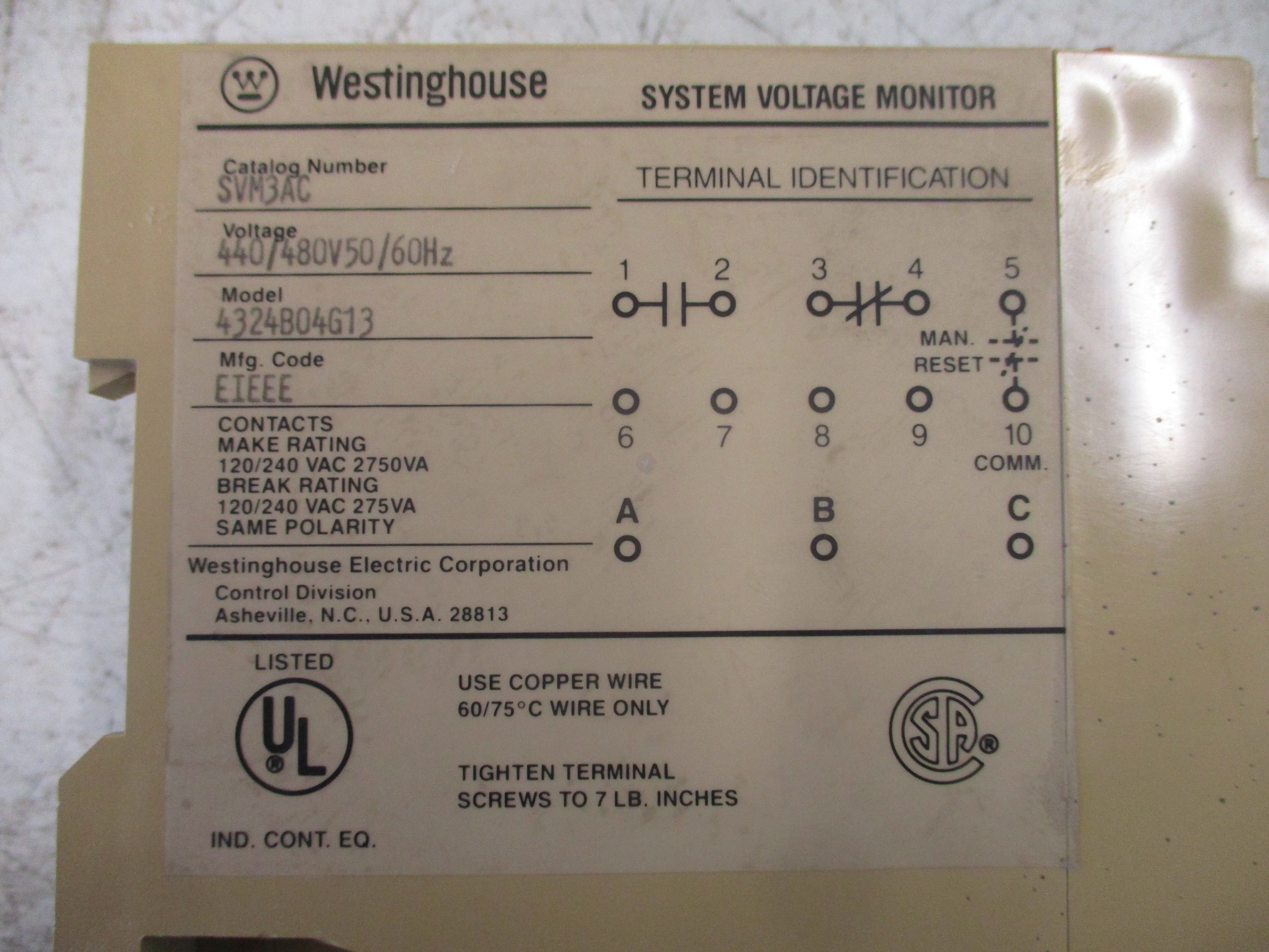 Westinghouse System Voltage Monitor SVM3AC 440/480V 50/60Hz Model #: 4324B04G13 Used