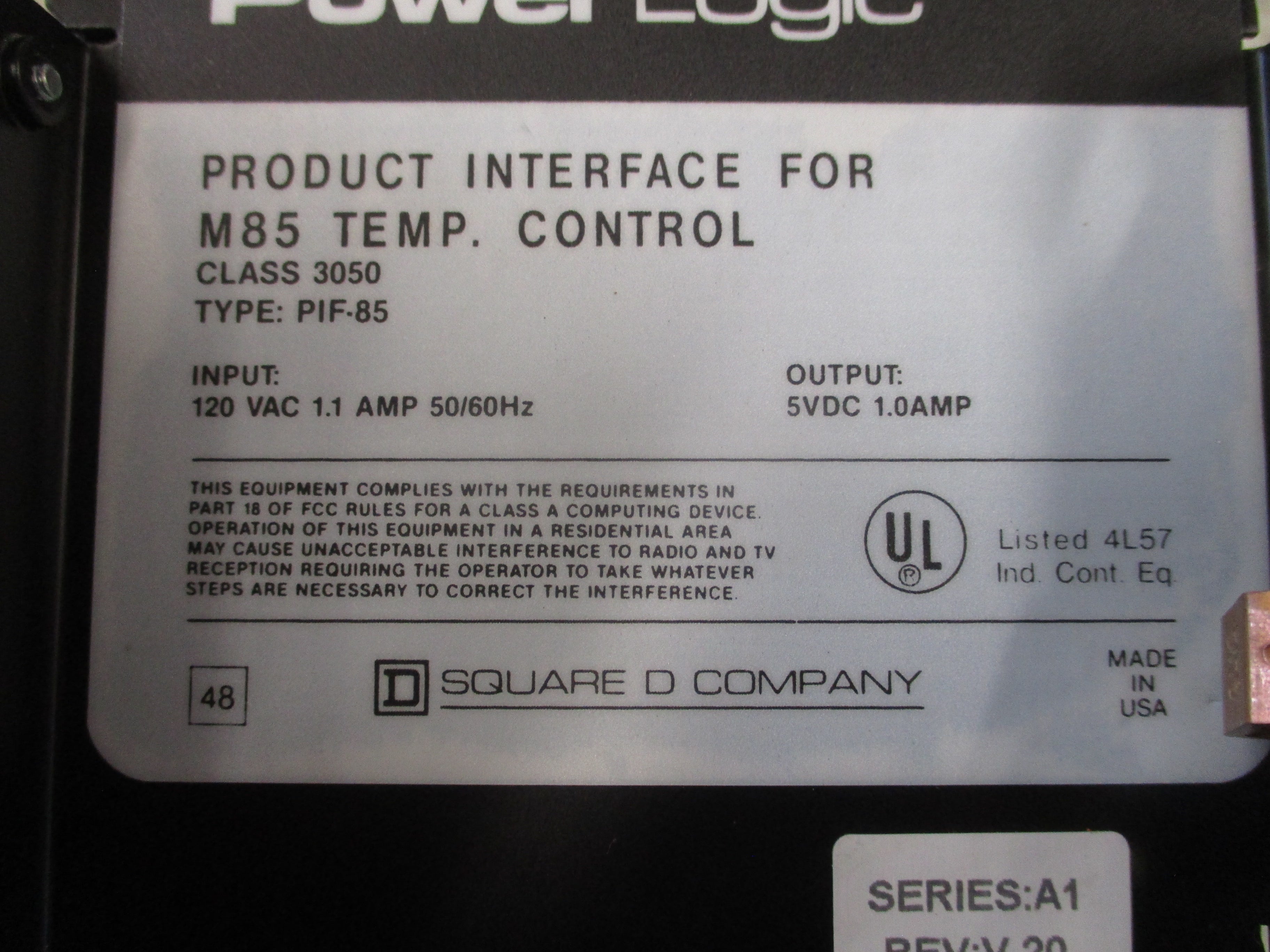 Square D PowerLogic M85 Temp. Control Interface 3050 PIF-85 Ser. A1 Rev. V20