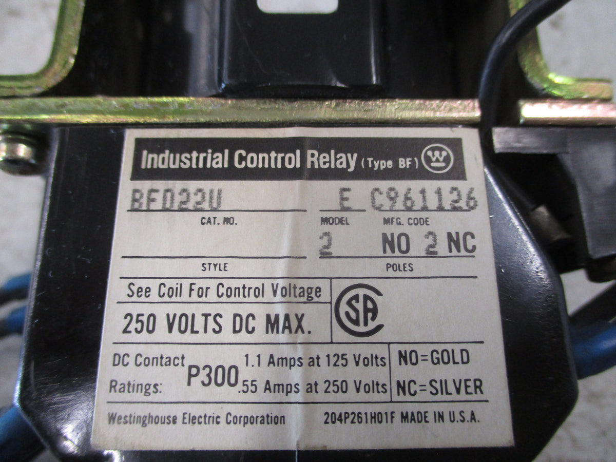 Westinghouse Control Relay BFD22U 125/130VDC Coil 250V Used