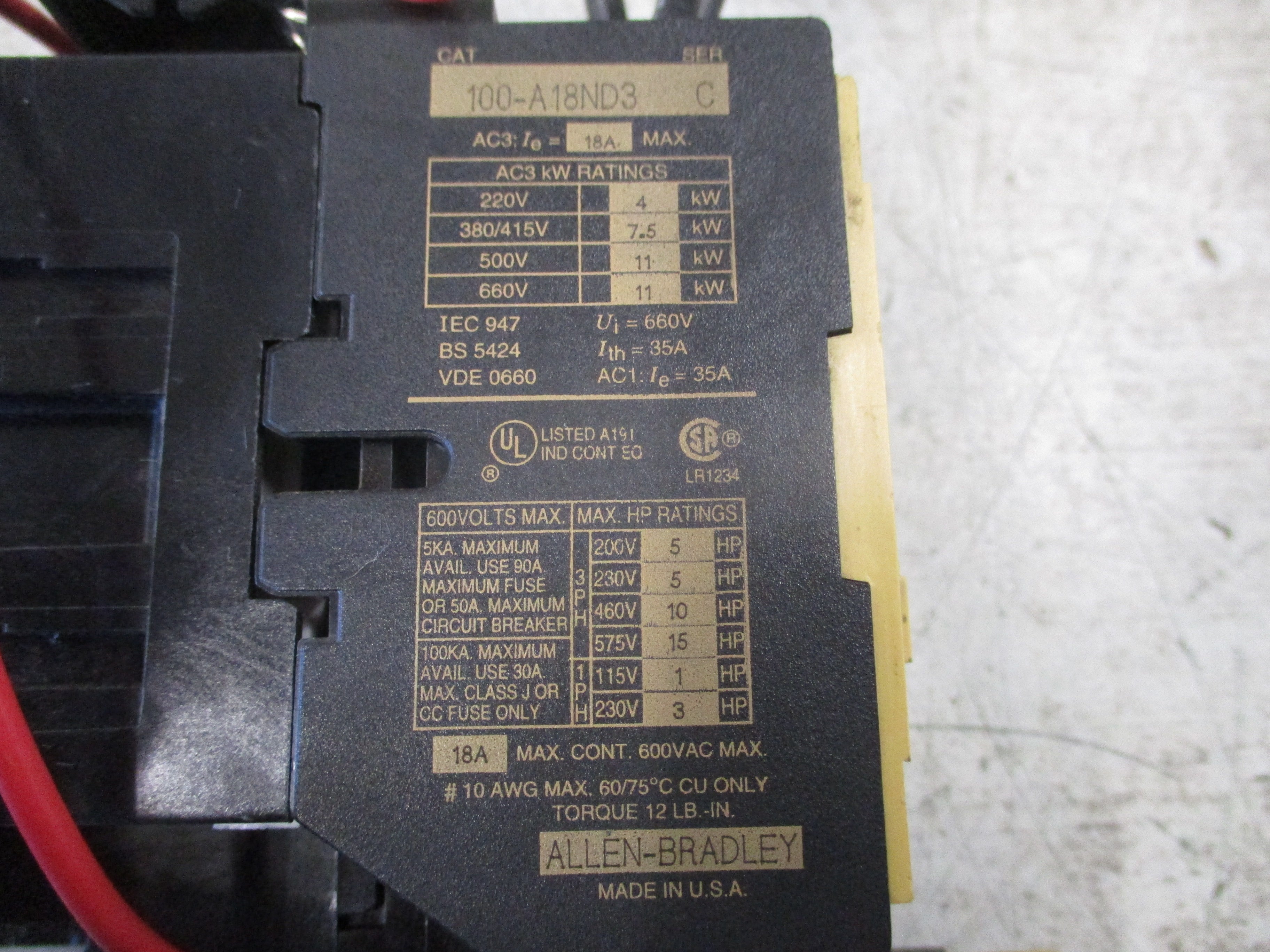 Allen-Bradley Starter 100-A18ND3 / 193-BSB30 120V Coil Trip: 2-3A Used